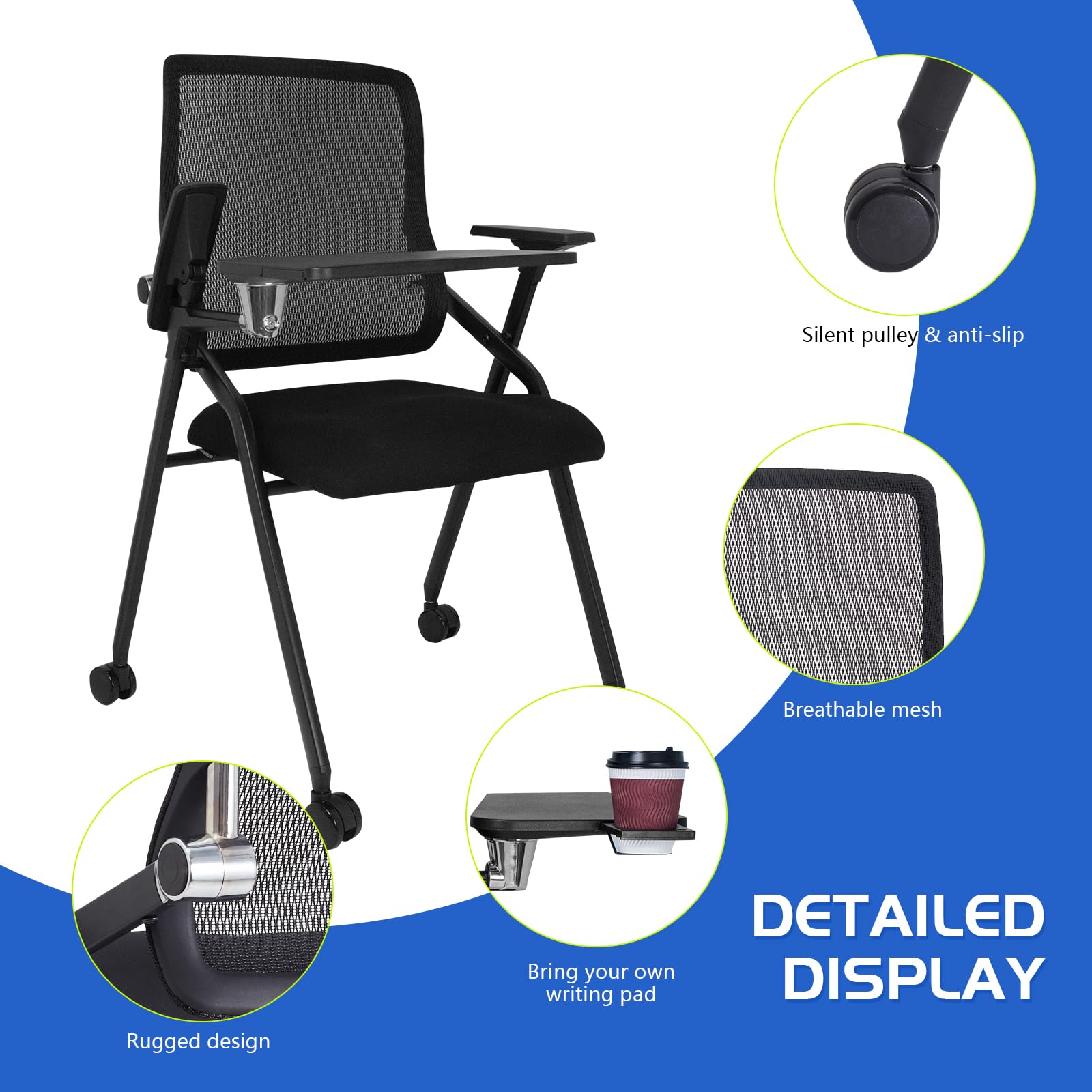 Updated Conference Room Chairs with Tablet Arm, Folding Office Desk Chair with Lumbar Support and Sliding Armrest with Casters, Stackable Office Guest Chairs & Reception Chairs, 1 Pack Black