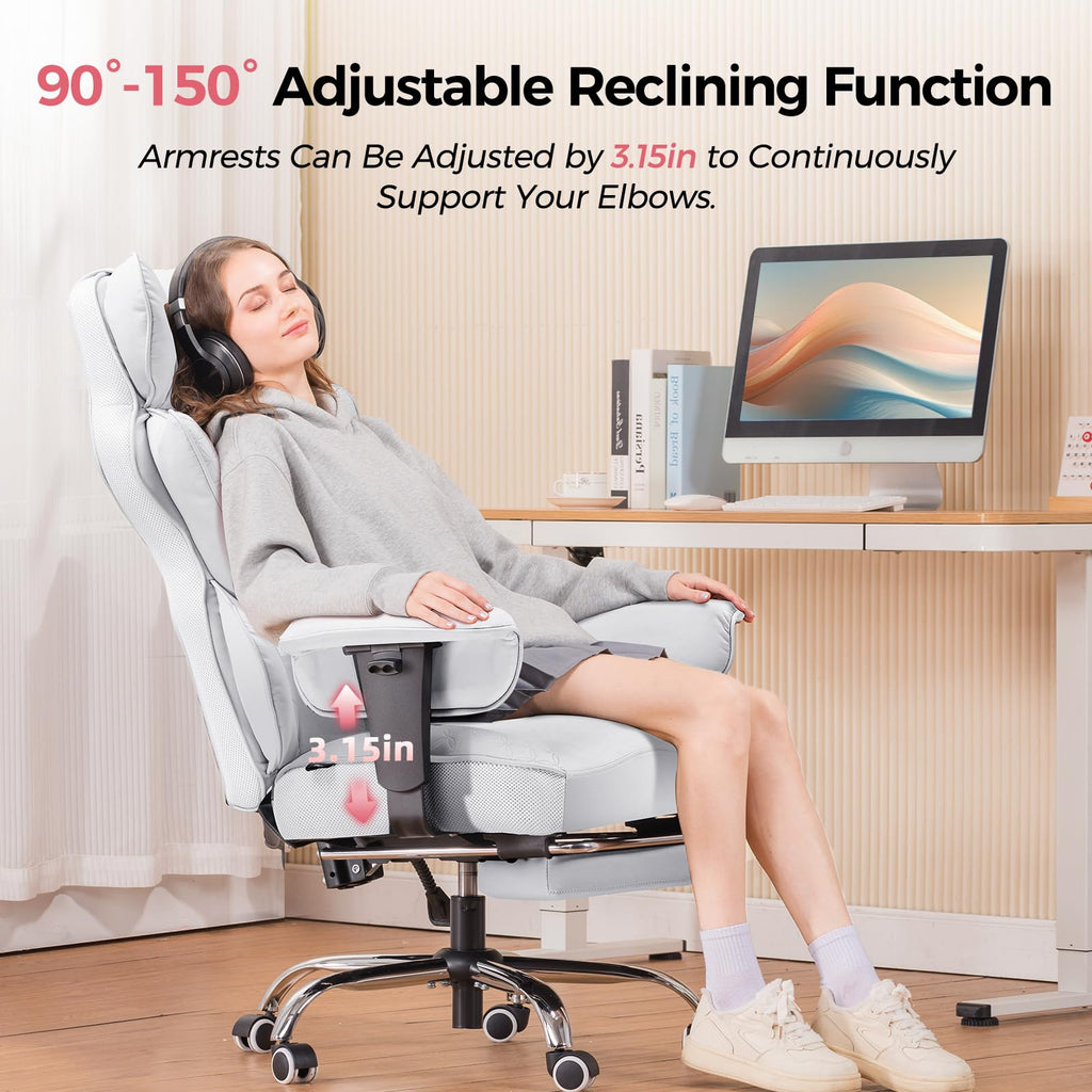Big and Tall Gaming Chair 400lbs Heavy Duty Office Chair with Foot Rest & Ergonomic Pocket Spring Lumbar Support, High Back Executive Computer Desk Chair for Lower Back Pain Relief, White