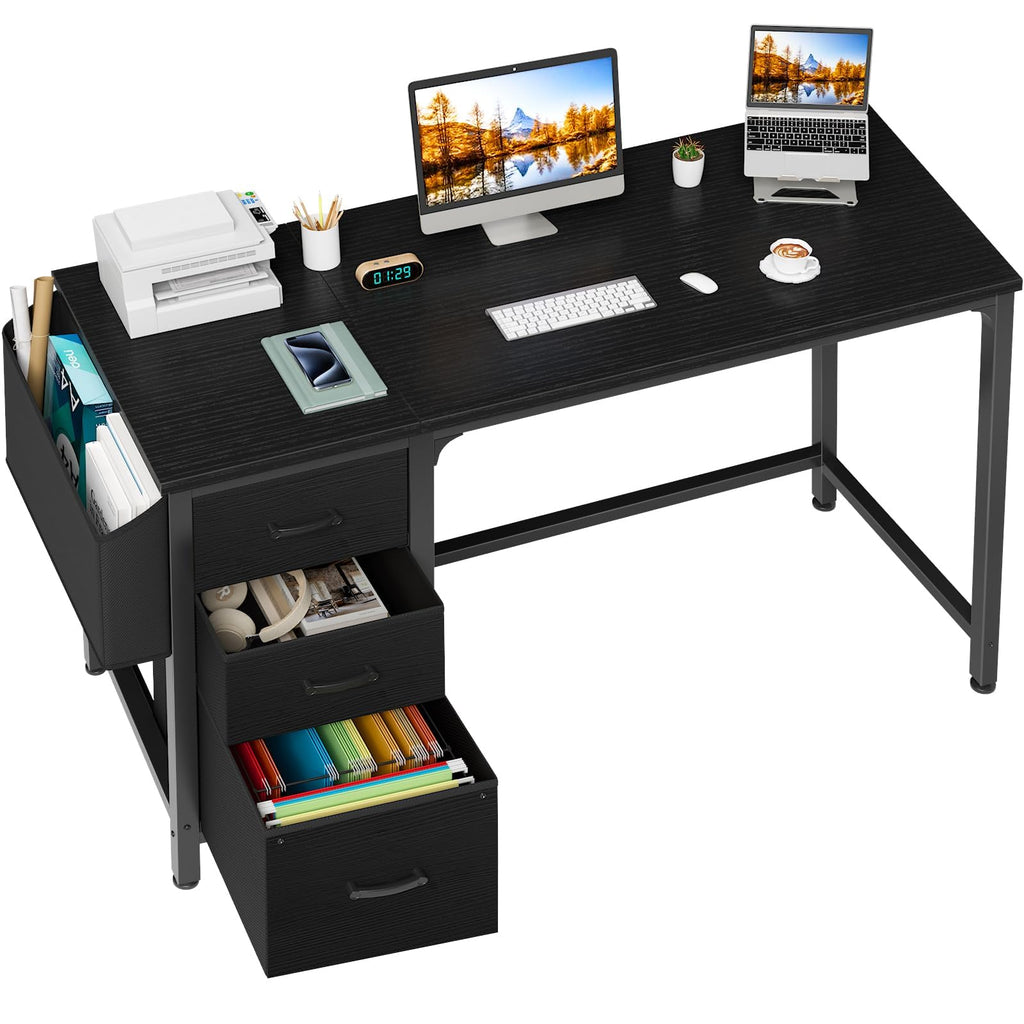 Computer Desk with Fabric File Drawers Cabinet, 55 Inch Reversible Home Office Desks with Filing Cabinet, Study Writing Table PC Desks with Storage for Bedroom, Black