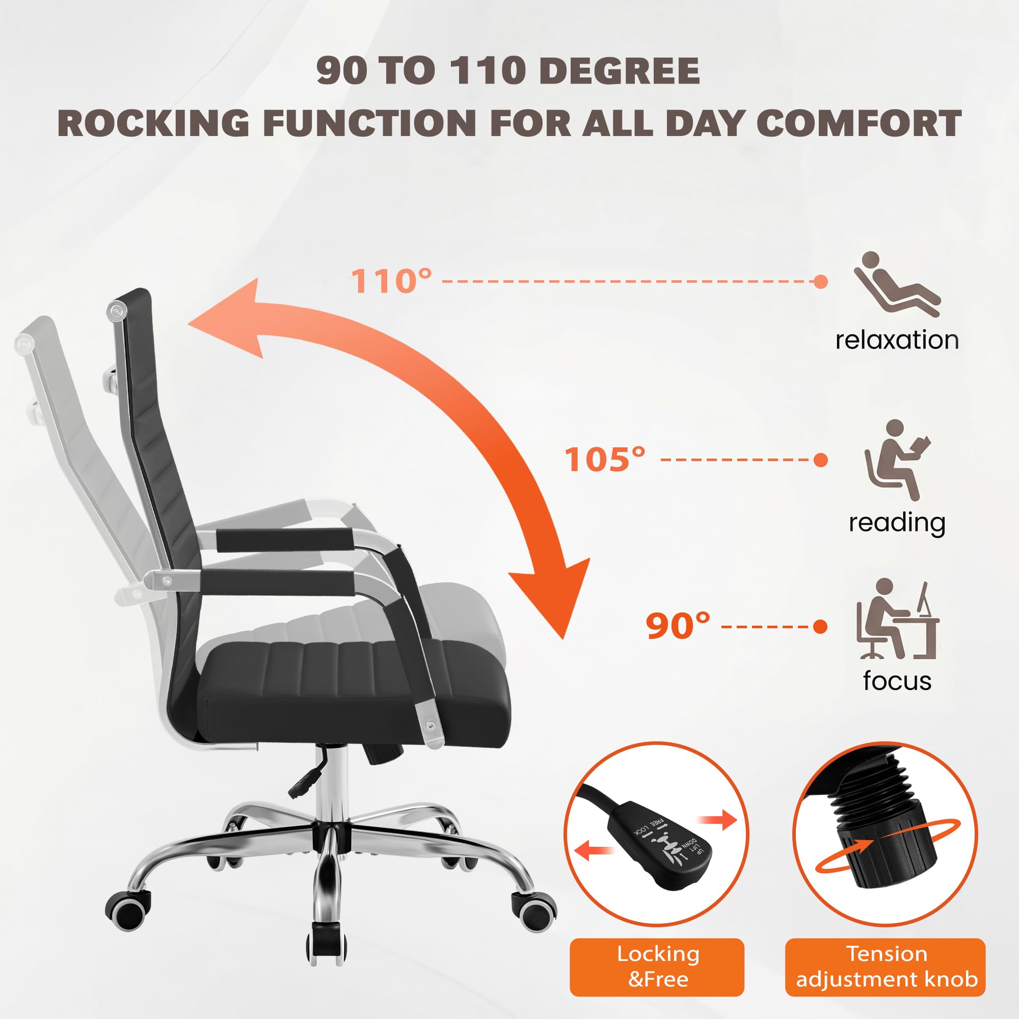 (2 pcs, Black) Ergonomic Office Desk Chair, Executive Ribbed Mid-Back PU Leather Conference Room Chair Adjustable Swivel Chair with Arms