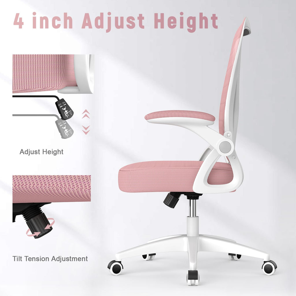Ergonomic Office Chair, Computer Chair with Adjustable Height, Flip-Up Arms and Lumbar Support, Breathable Mesh Desk Chair for Home Study Working (Without Headrest, Pink)