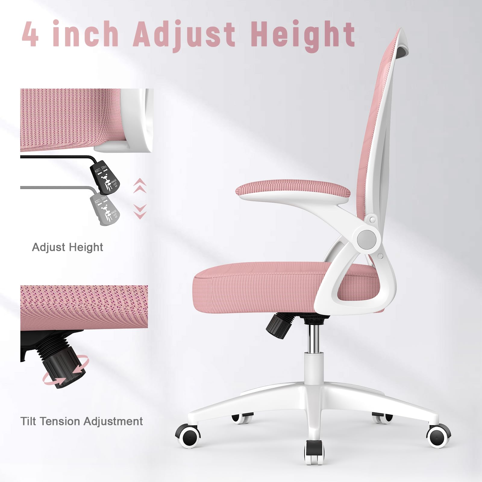 Ergonomic Office Chair, Computer Chair with Adjustable Height, Flip-Up Arms and Lumbar Support, Breathable Mesh Desk Chair for Home Study Working (Without Headrest, Pink)