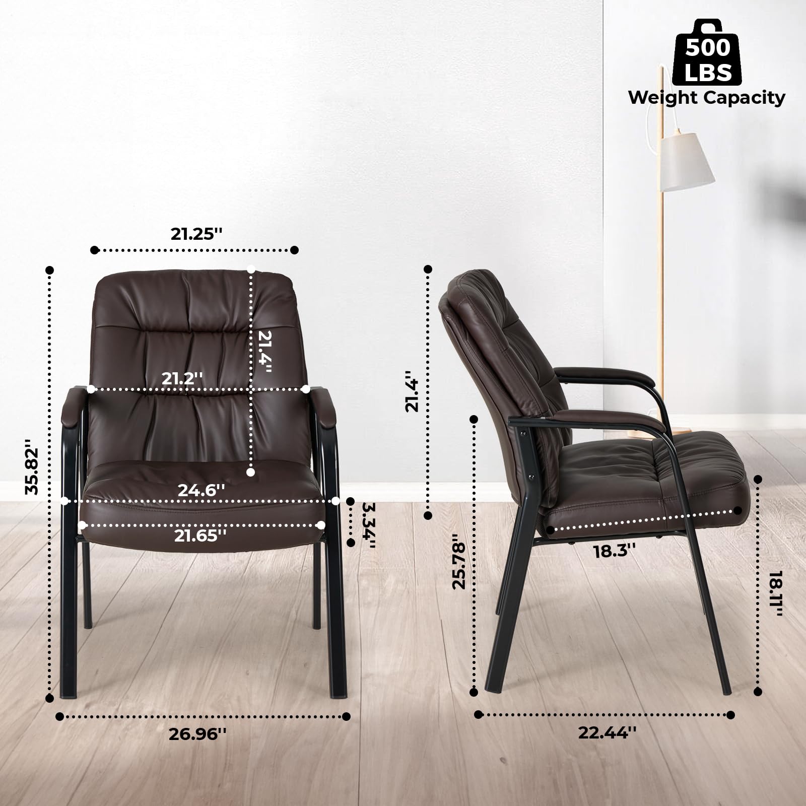 Waiting Room Guest Chair Set of 6, 500lbs PU Leather Ergonomic Office Desk Reception Chair No Wheels with Padded Armrest for Conference Lobby Medical Waiting Area Bedroom, Brown