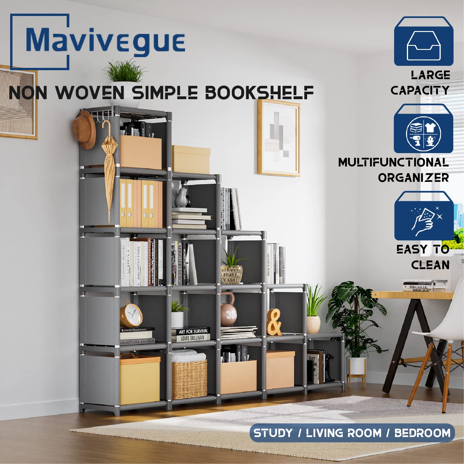 Book Shelf, 16 Cube Storage Organizer, DIY Bookcase, Metal Cube Bookshelf,Tall Book case for Bedroom, Living Room,Office,Closet Storage Organizer, Grey Cubicle Storage Rack