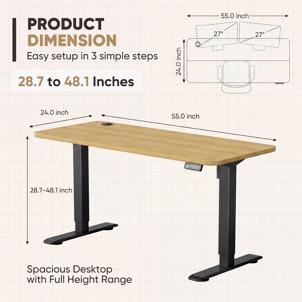 Electric Height Adjustable Standing Desk Large 55 x 24 Inches Sit Stand Up Desk Home Office Computer Desk Memory Preset with T-Shaped Metal Bracket, Maple