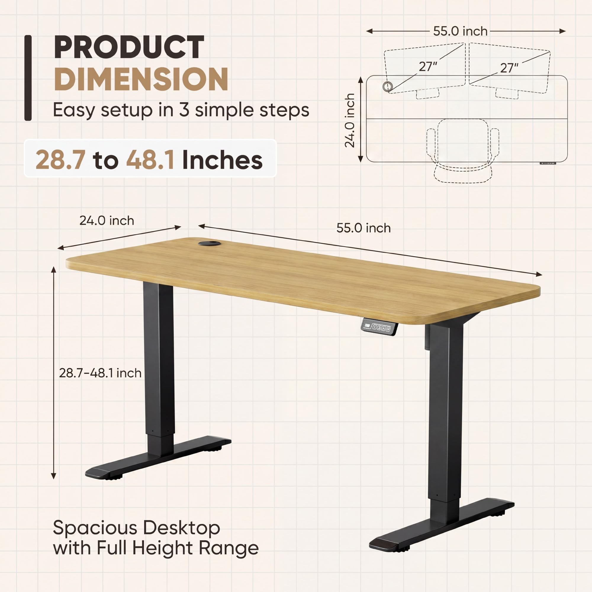 Electric Height Adjustable Standing Desk Large 55 x 24 Inches Sit Stand Up Desk Home Office Computer Desk Memory Preset with T-Shaped Metal Bracket, Maple