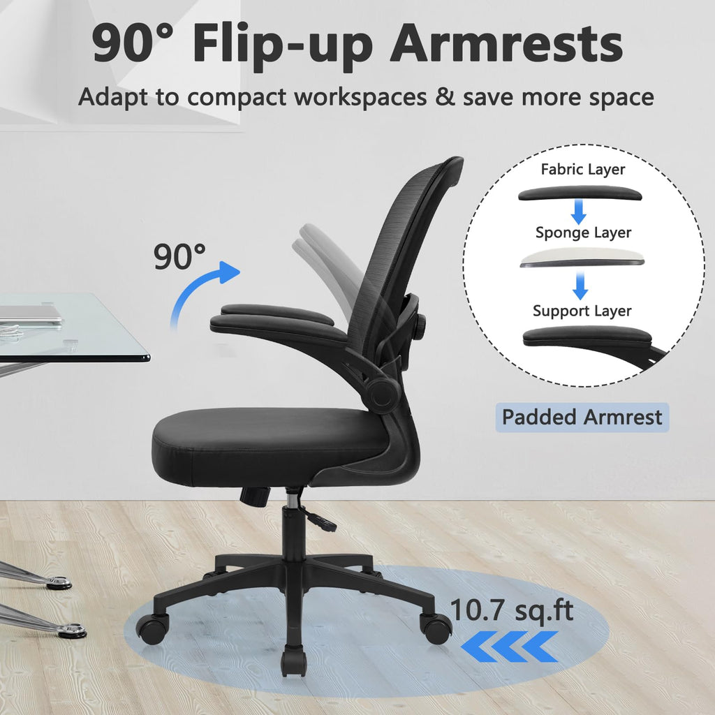 Desk Chairs with Wheels, Ergonomic Mesh Back PU Leather Seat Home Office Adjustable Lumbar Support and Height Swivel Rolling Computer Task Chair with Flip Up Arms for Conference, Black, 2PK