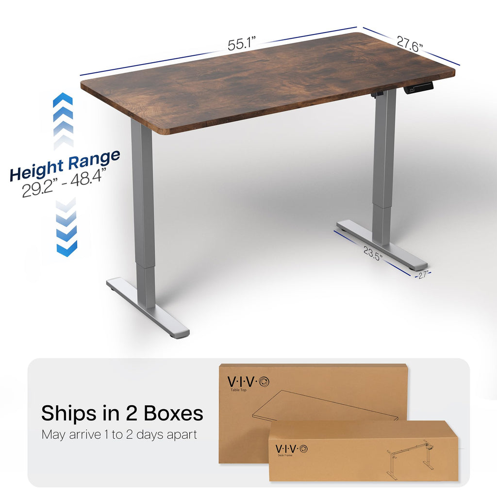 Electric 55 x 28 in Standing Desk, Memory Height Adjustment, 1B Series, Holds 220 lbs, One-Piece Rustic Vintage Brown Top, Gray Frame
