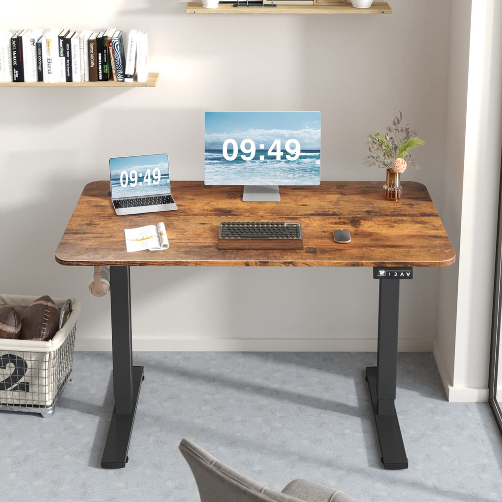 Electric Height Adjustable Standing Desk Large 48 x 24 Inches Sit Stand up Desk Home Office Computer Desk Memory Preset with T-Shaped Metal Bracke, Brown