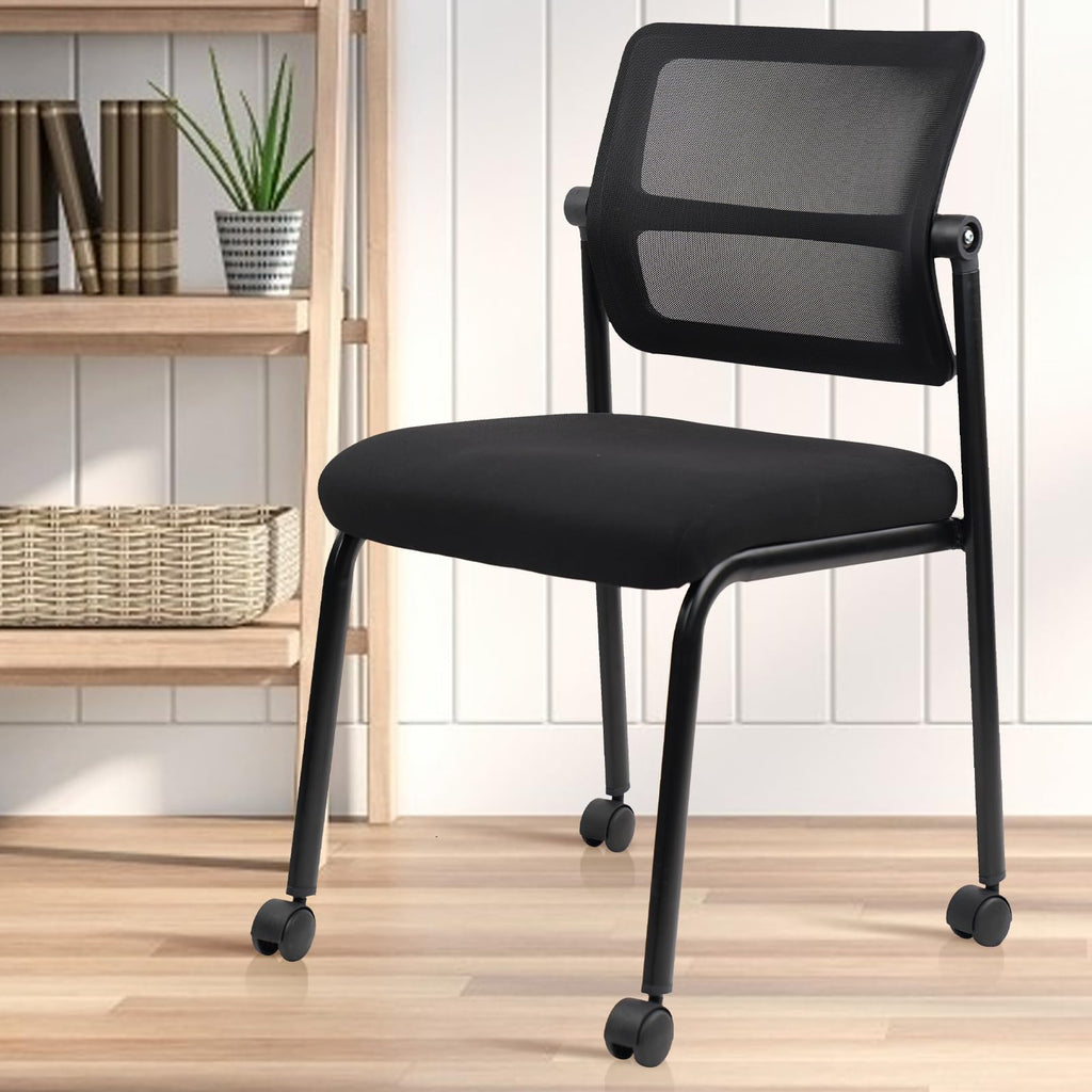 Black, 4 Pack, Stacking Armless Office Waiting Room Chair with Wheels, Stackable Mesh Guest Reception Desk Chairs with Adjustable Backrest for Conference Lobby Side School,