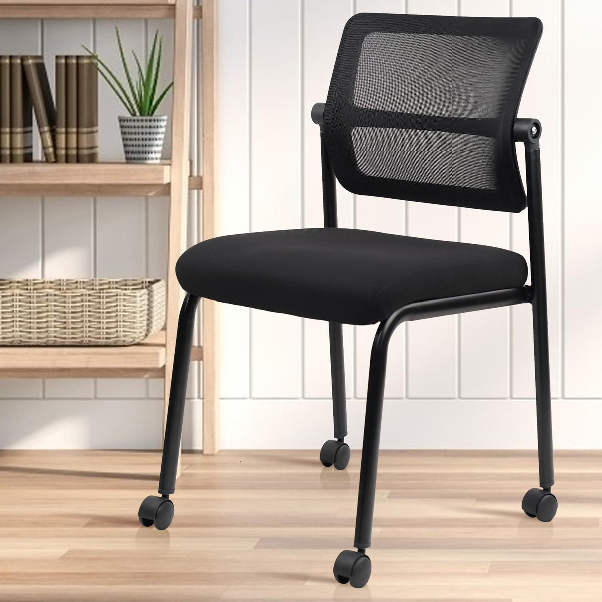 Black, 4 Pack, Stacking Armless Office Waiting Room Chair with Wheels, Stackable Mesh Guest Reception Desk Chairs with Adjustable Backrest for Conference Lobby Side School,