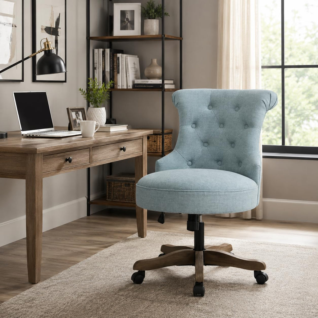 Home Office Chair Upholstered Armless Desk Chair with Wheels Adjustable Height Computer Desk Chair with Wooden Legs Comfortable Linen Swivel Chairs for Home Office Study Studio (Teal)