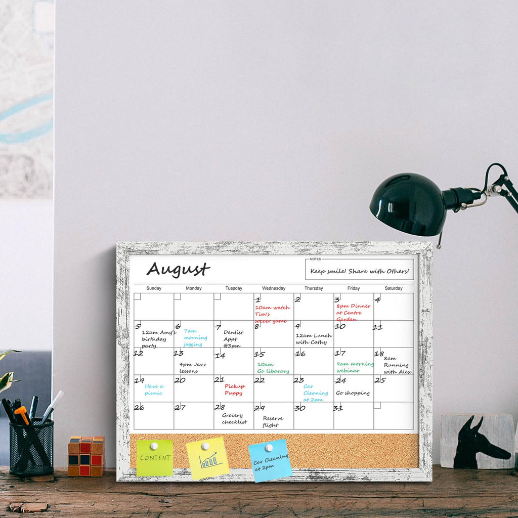 Dry Erase Calendar for Wall, 17x13 Inches Whiteboard Calendar Cork Board Combo, Magnetic Small White Board with Wood Framed, Hanging Dry Erase Board for Office Kitchen Home Planner Memo