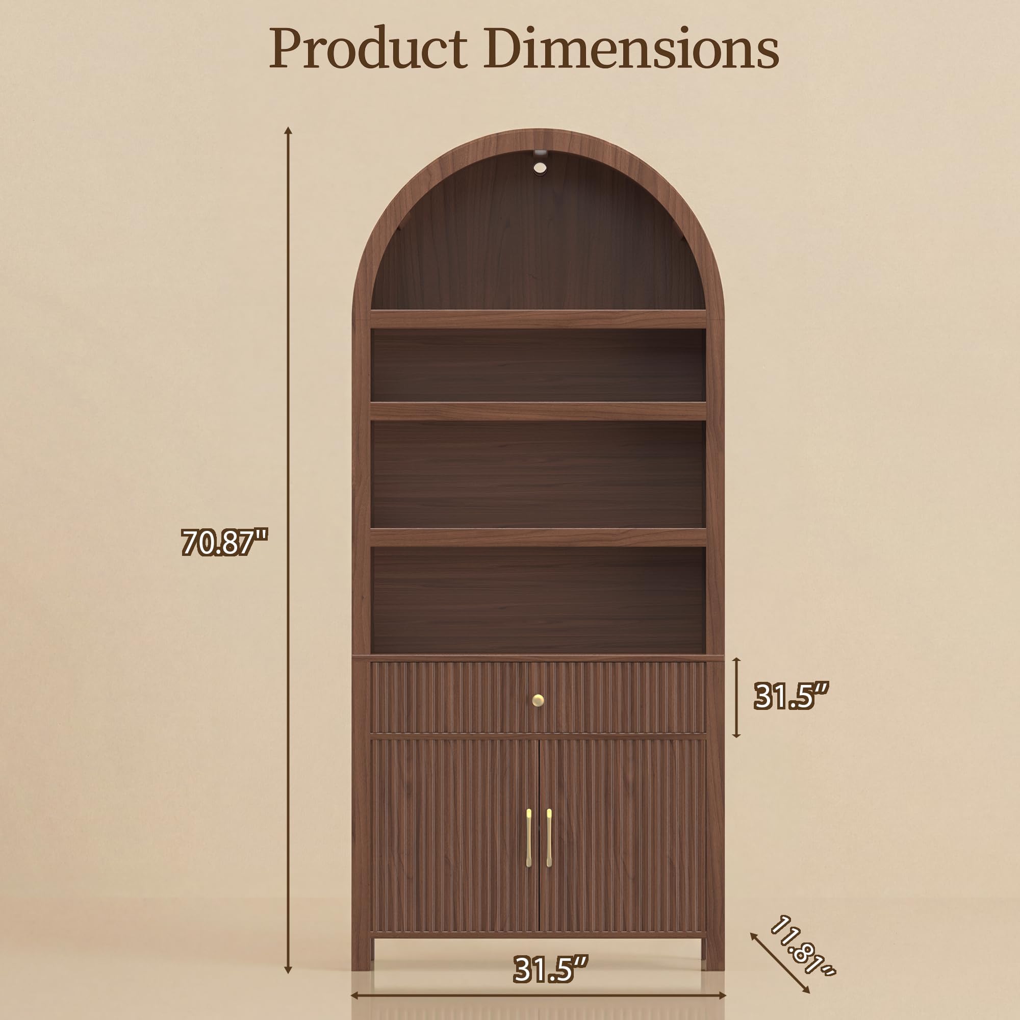 Book Shelf 70" Tall Bookcase with Drawer, 7-Tier Arched Cabinet with Storage and Fluted Door, Mid-Century Modern Modular Arch Bookshelf for Office Living Room Bedroom Library (Walnut, 2)