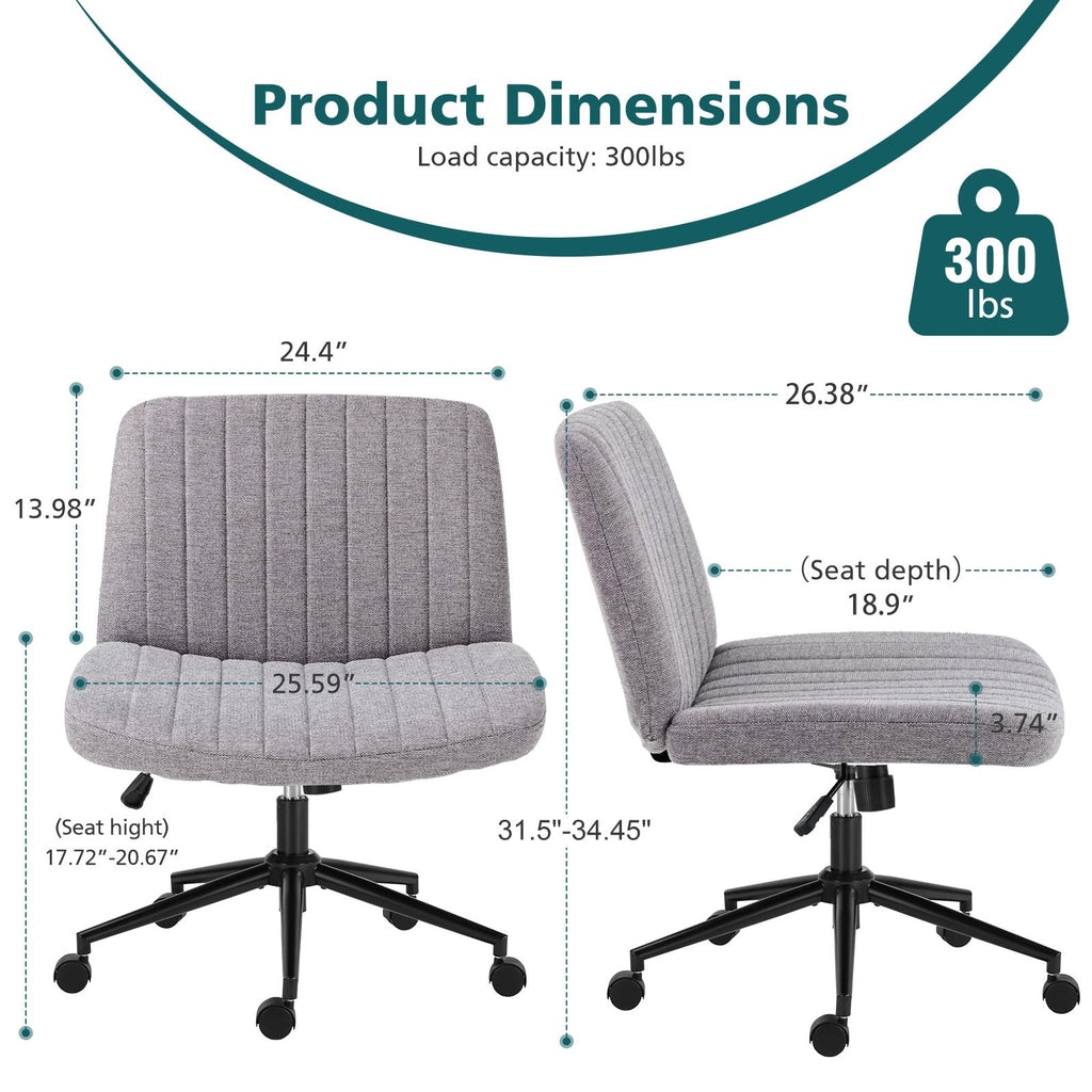 Criss Cross Chair with Wheels Wide Cross Legged Office Desk Vanity Chair Comfy Fabric Armless Height Adjustable Swivel for Home Computer Task Gray