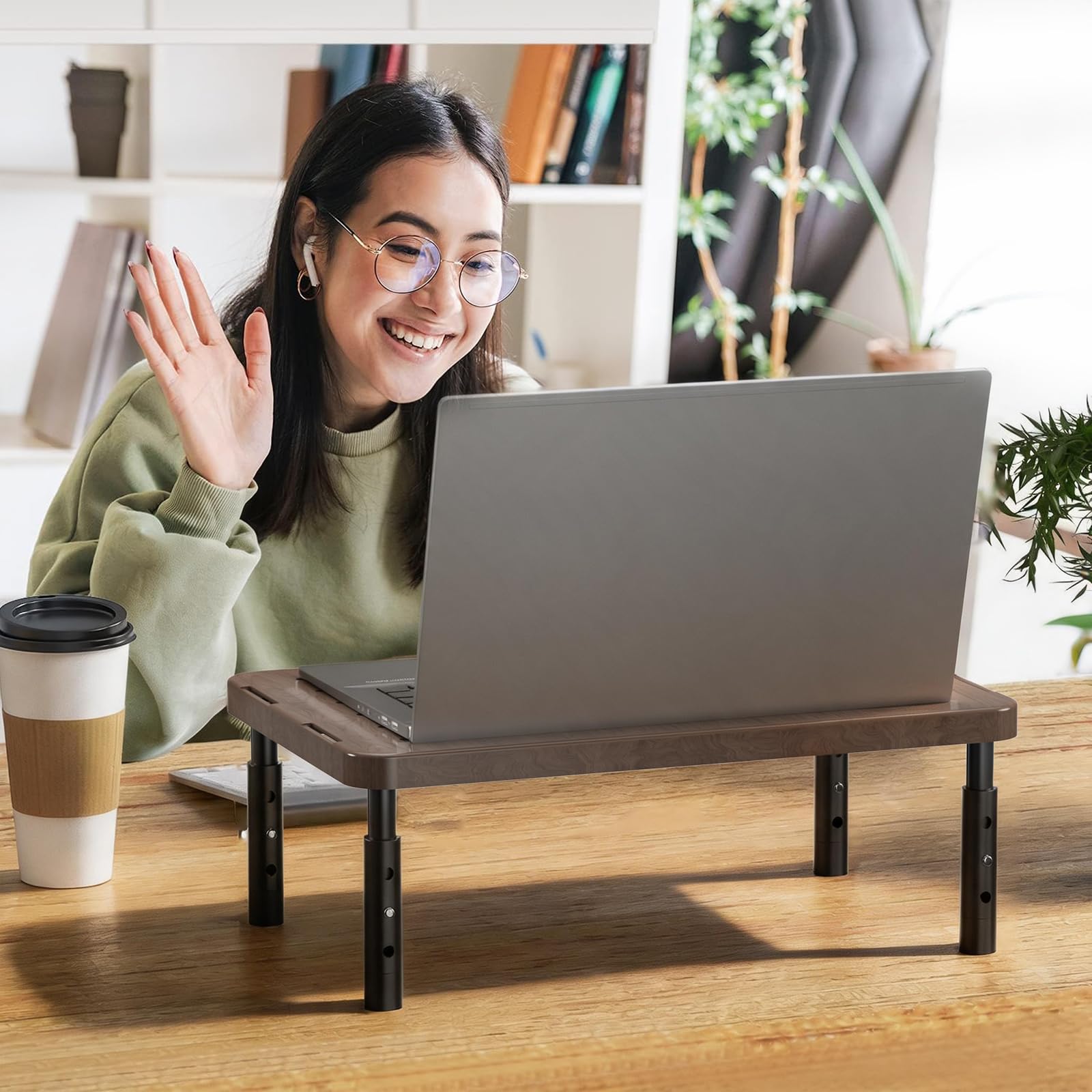 Plastic Computer Monitor Stand with Storage, Desk Monitor Riser 3 Height Adjustable, Laptop Riser with Airflow Vents, Desk Organizer for Computer, Laptop, Printer (PTT002-C), 1 Pack, Brown