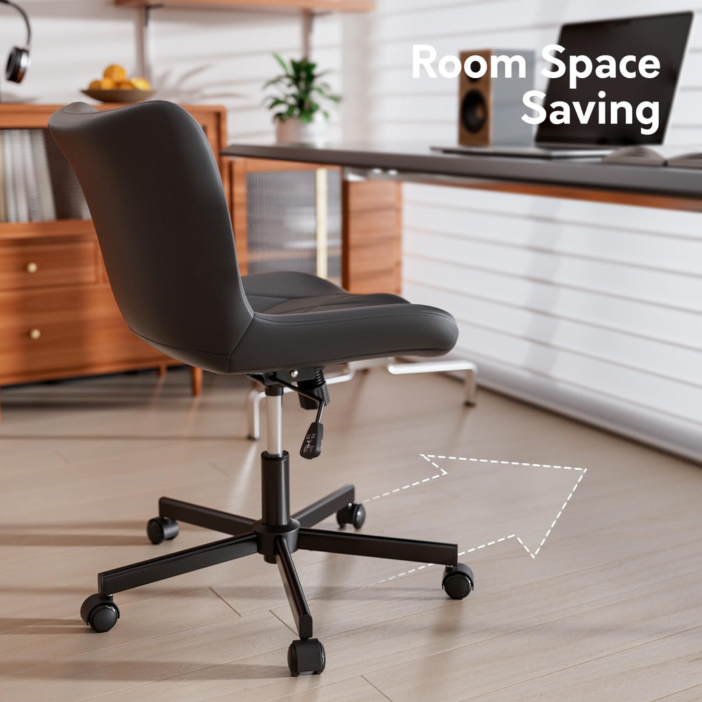 Armless Desk Chair, Morden Home Office Chair no Arms, Adjustable Height & Rocking Computer Chair, PU Leather Vanity Chair, Ergonomic Seat Soft Padded Desk Chairs for Home Small Space, Black