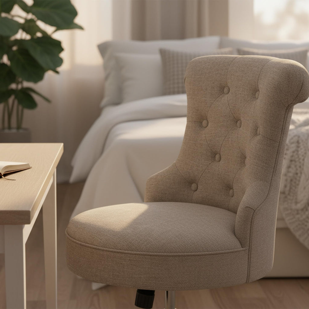 Home Office Chair Upholstered Armless Linen Fabric Desk Chair with Wheels Adjustable Height Computer Desk Chair with Wooden Legs No Arms Swivel Chairs for Farmhouse Women Study Studio (Brown)