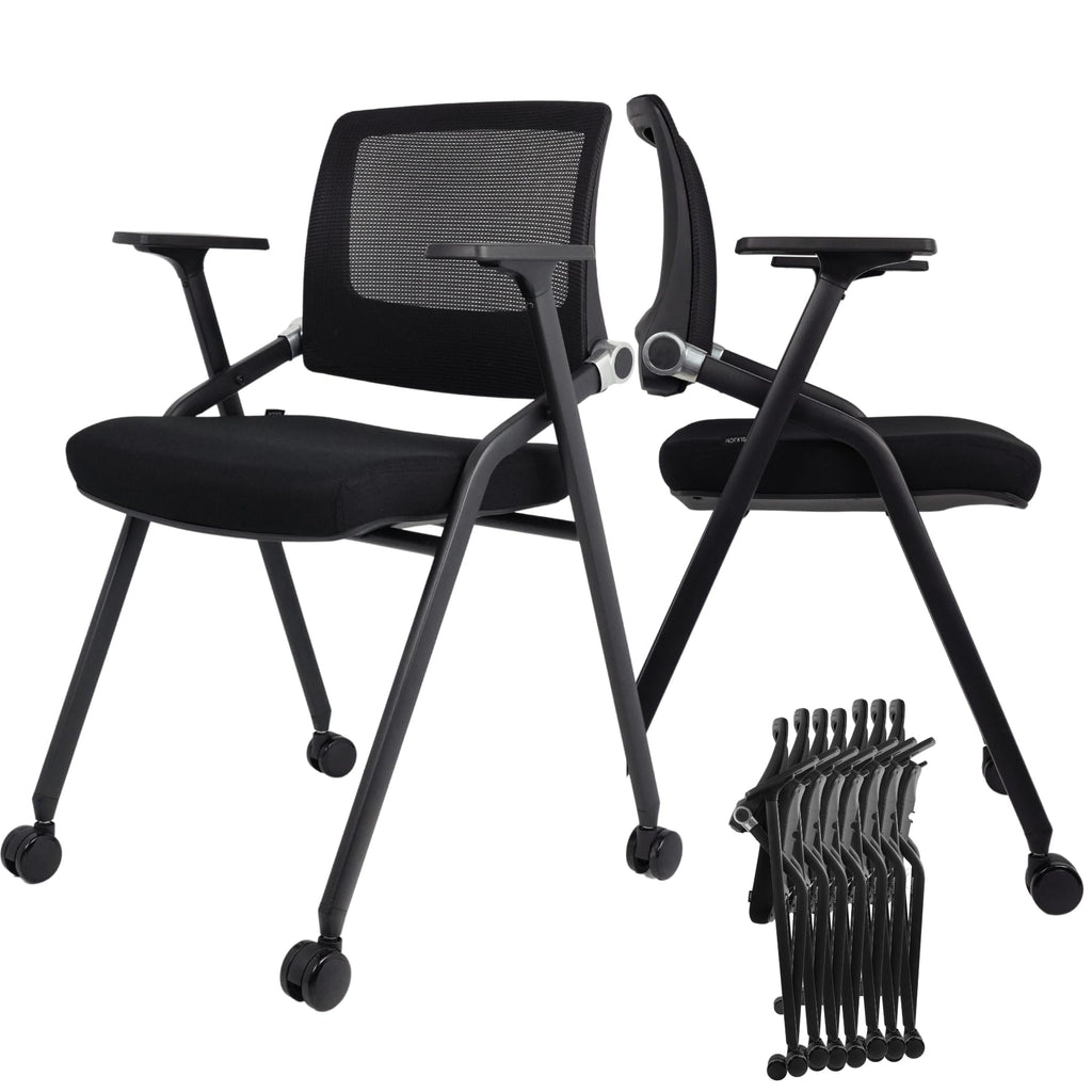 10 Pack Foldable Office Chairs with Wheels, Mesh Back, Arms and Portable - Folding Office Chairs Stackable for Conference Room Chair, Office Guest & Reception & Meeting Chair - (Black) 300 lbs.