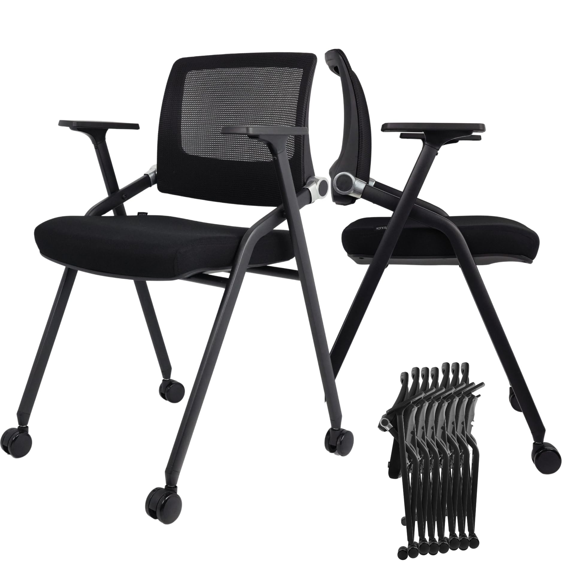 10 Pack Foldable Office Chairs with Wheels, Mesh Back, Arms and Portable - Folding Office Chairs Stackable for Conference Room Chair, Office Guest & Reception & Meeting Chair - (Black) 300 lbs.