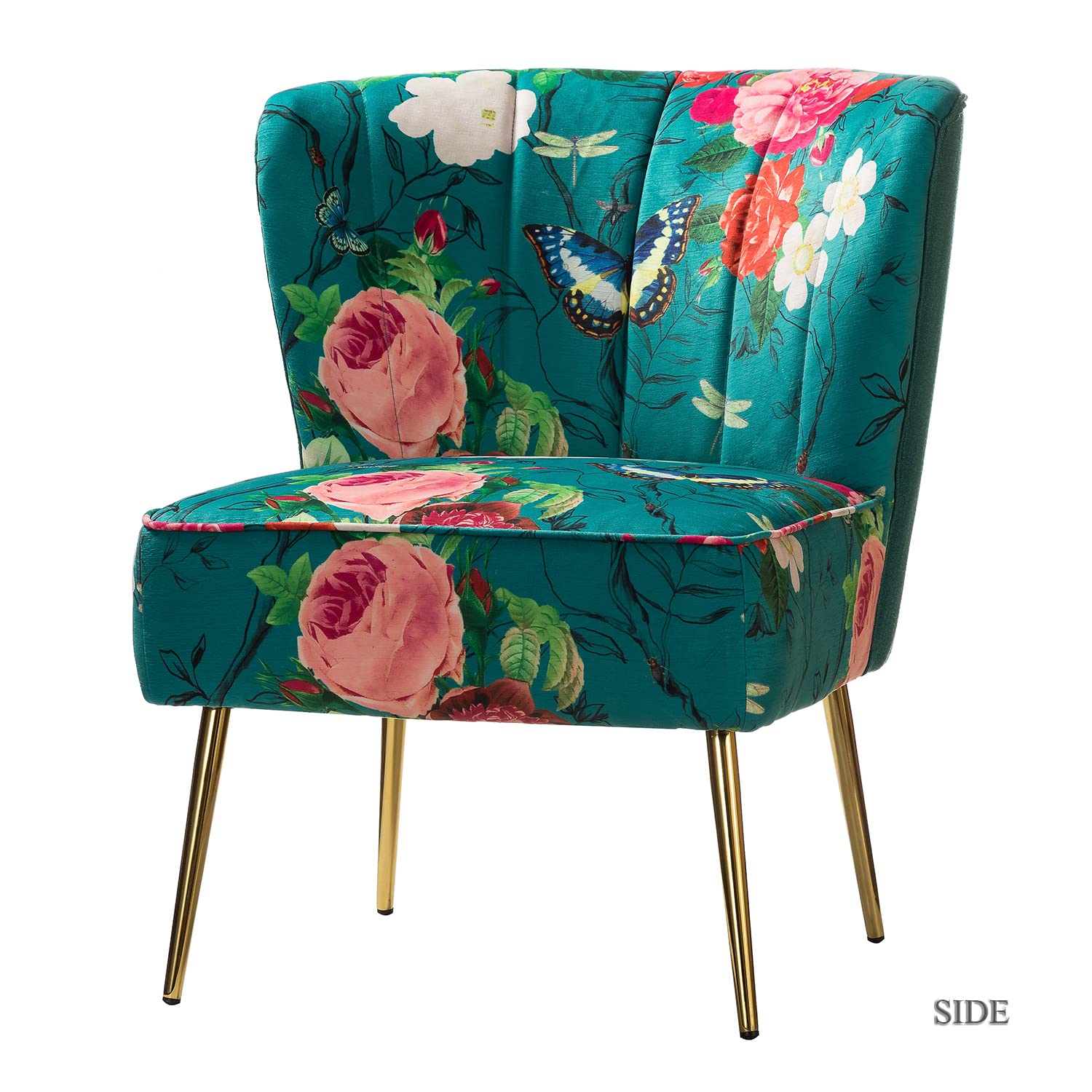 Accent Chair with Golden Metal Legs, Comfy Tufted Wingback Living Room Chair Floral Fabric Small Armless Side Chair, Upholstered Slipper Chair for Bedroom, Reading Room (Flower Print&BLUE)