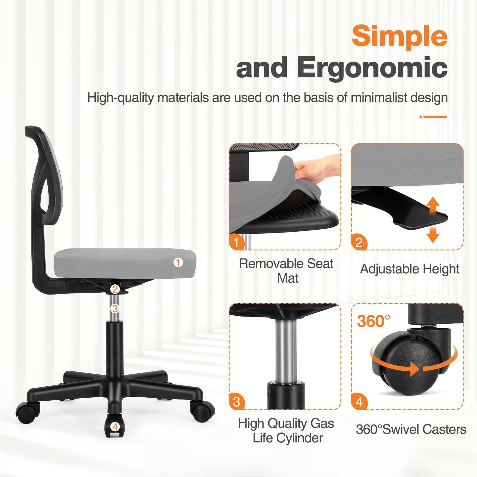 Small Desk Chair, Ergonomic Low-Back Mesh Rolling Work Swivel Chairs with Wheels, Armless Comfortable Seat Lumbar Support for Home, Bedroom, Study, Student, Adults, Grey