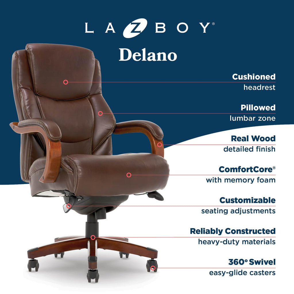 Delano Big and Tall Executive Office Chair - Ergonomic Lumbar Support Memory Foam - Bonded Leather Desk Chair for Home Office - Mahogany Wood Arms - Chestnut Brown