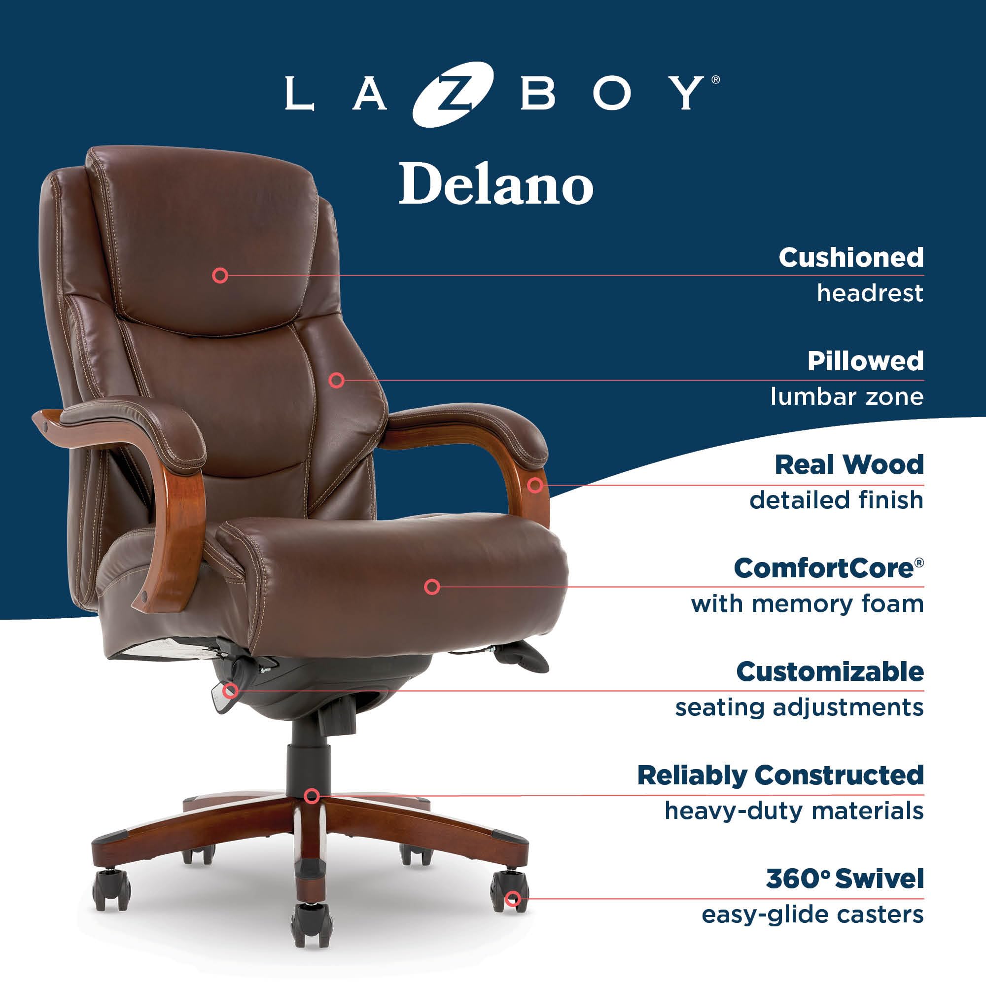 Delano Big and Tall Executive Office Chair - Ergonomic Lumbar Support Memory Foam - Bonded Leather Desk Chair for Home Office - Mahogany Wood Arms - Chestnut Brown