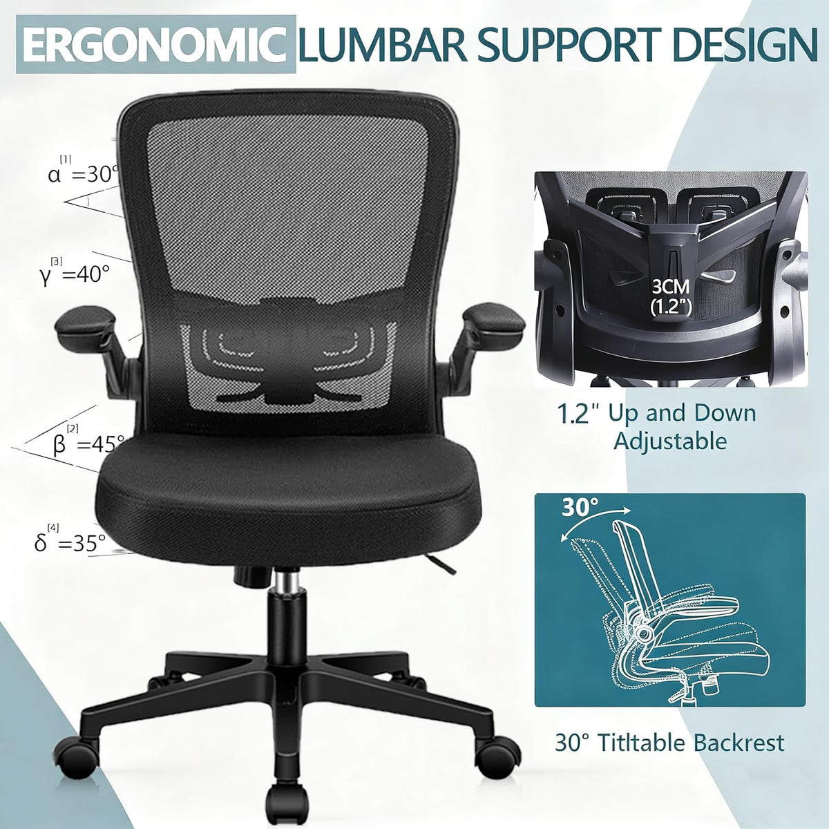 Desk Chairs with Wheels, Ergonomic Mesh Office Chair Adjustable Height and Swivel Lumbar Support Home Office Chair with Flip Up Armrests, Set of 14