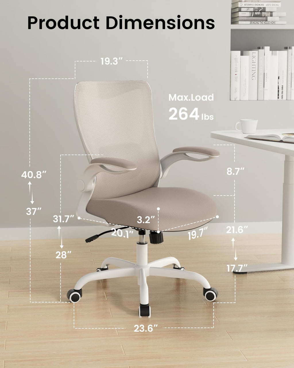 Office Chair, Ergonomic Desk Chair with Adjustable Lumbar Support and Flip up Armrest, Breathable Mesh Computer Chair for Home Office, Khaki