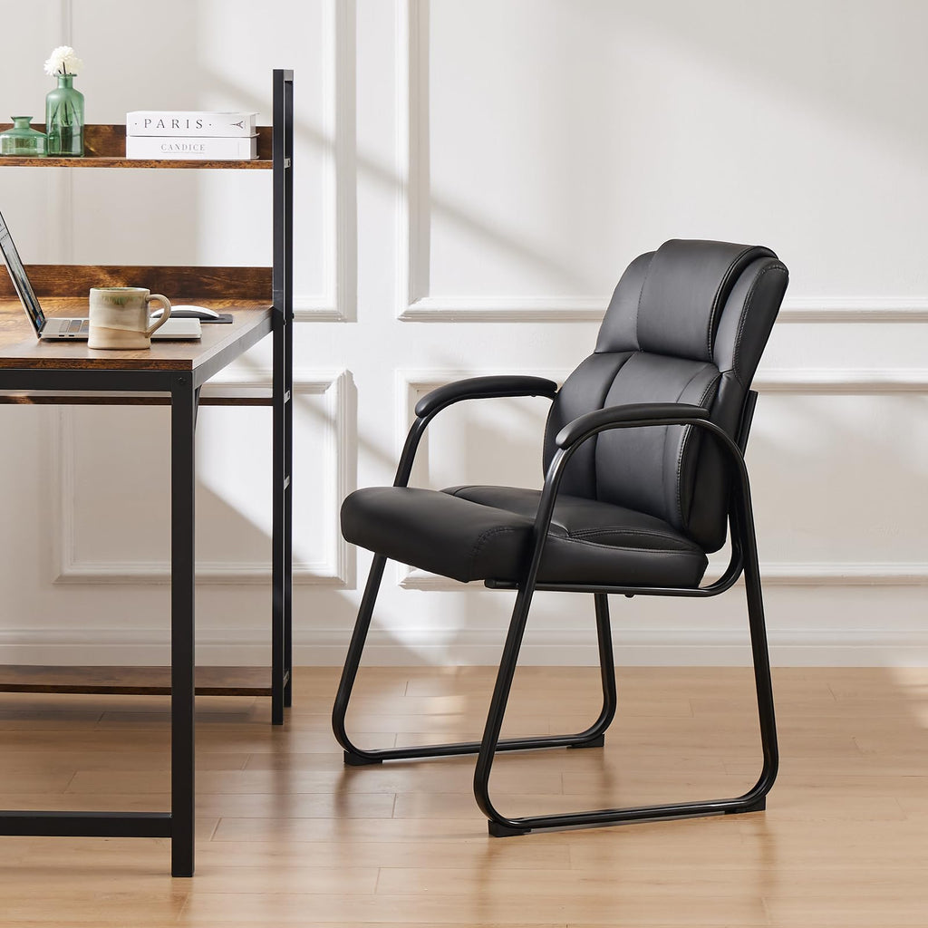 Waiting Room Guest Chair, Stationary Office Reception Chairs No Wheel, Comfy Padded Arms and Seld Base, for Conference Room Lobby Home Computer Desk Bedroom Elderly, Deep Black