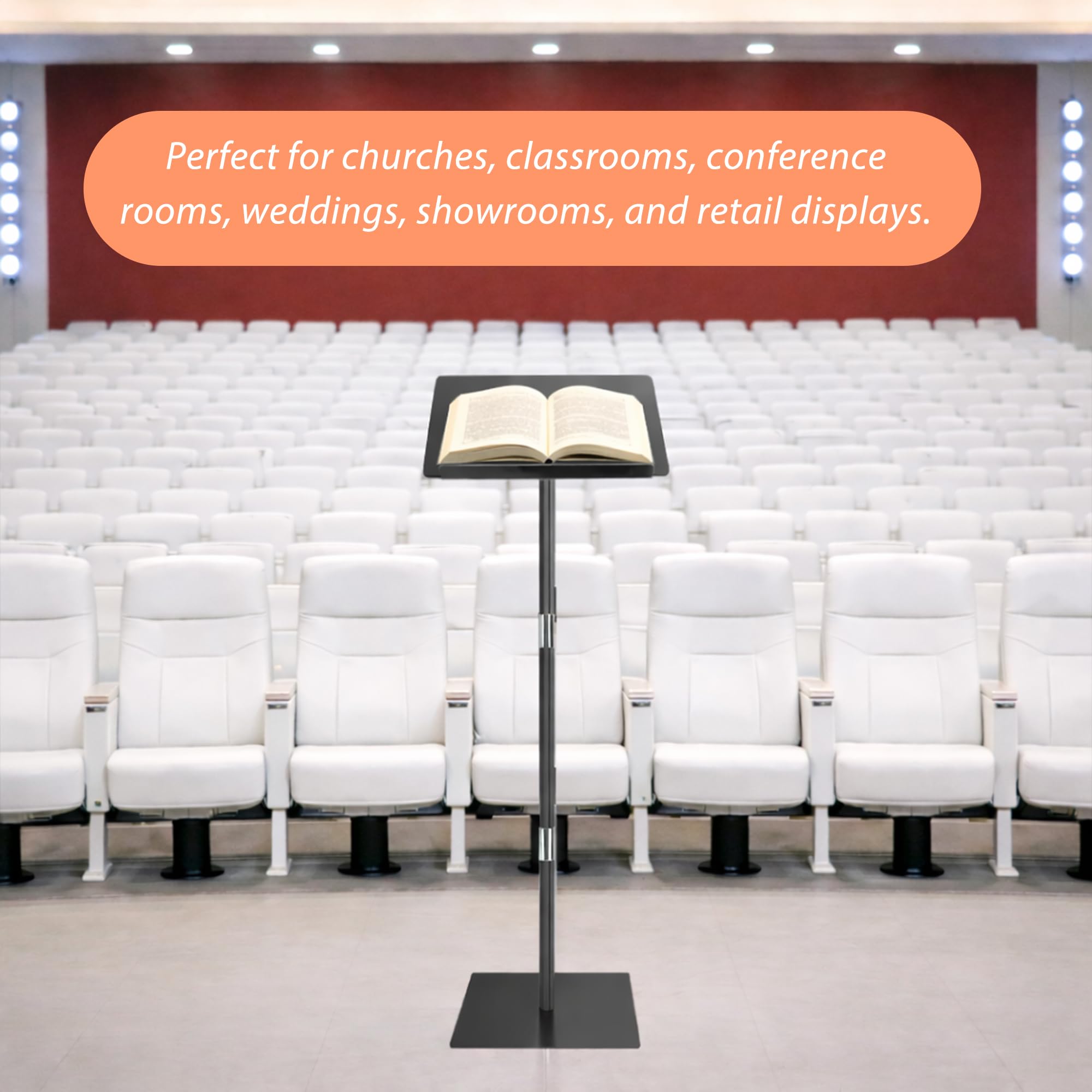 Podium Stand, Lecterns & Podiums, Acrylic Adjustable Angles with Metal Base, Podium for Church, Weddings, Classroom, Speech, 16" L x 12" W x 48" H (Black)