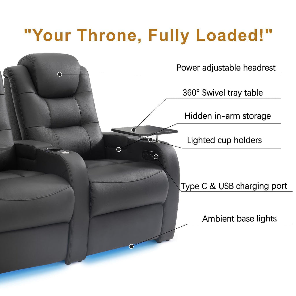 Top Grain Leather Home Theater Seating Seats, Simple Style Dual Power Movie Gaming Sofa Movie Theater Chairs Recliner Sofa with Type-C USB Charger Cup Holders (Black, Row of 5)