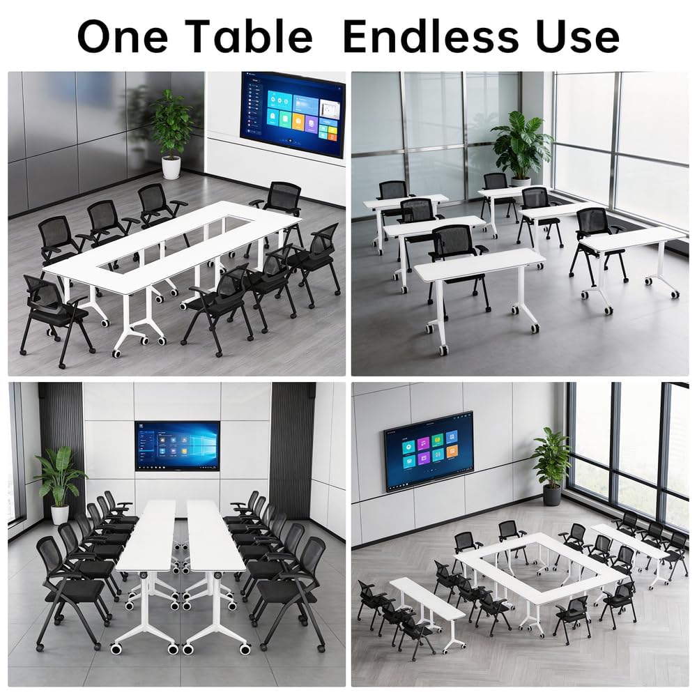 55″ Flip Top Training Table with Lockable Wheels, Mobile Nesting Folding Conference Table, Space Saving Seminar Desk for Classroom, Office, Library (6, White, 55"×20"×30")