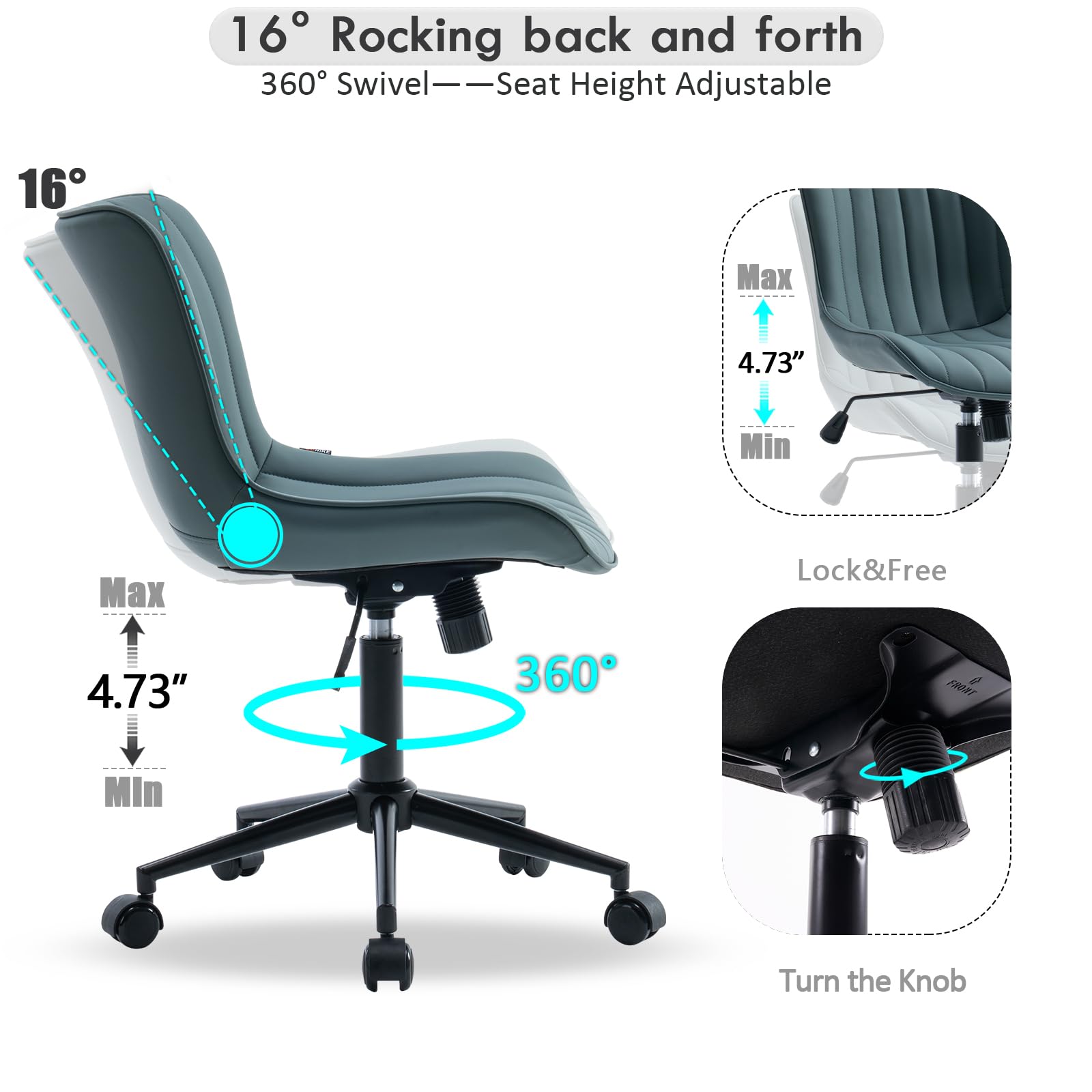 Ergonomic Armless Office Chair Faux Leather Small Cute Desk Chair with 12° Rocking Back Adjustable Height Swivel Vanity Chair Compact Computer Rolling Task Chair for Small Spaces Greyish Green