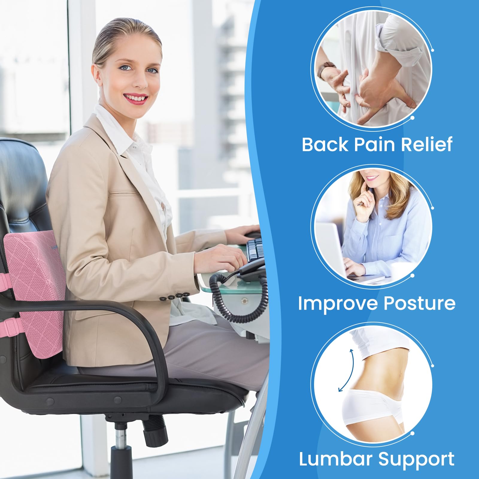 Lumbar Support Pillow for Office Chair Back Support Lumbar Pillow for Car, Gaming, Office Chair - Improve Sitting Posture & Back Pain Relief, Memory Foam, Adjustable Straps, Pink