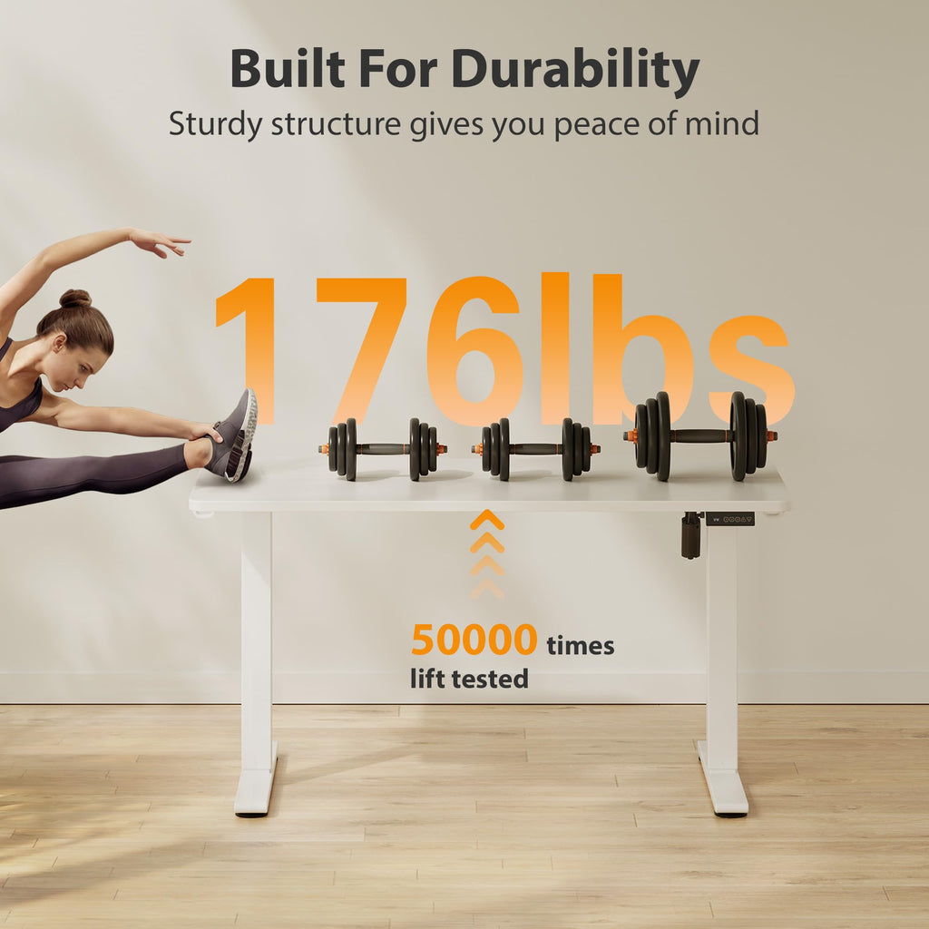 Standing Desk, 55x24 Inches Sit Stand Home Office Desk, Electric Stand up Desk, Adjustable Desk with Splice Board, White Frame/White Top