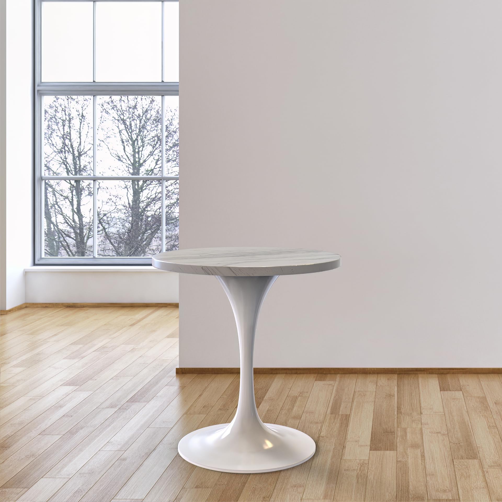 Verve Modern Round Dining Table, White Resin Tabletop with Stainless Steel Pedestal Base, Contemporary Kitchen & Dining Room Table, Small Space Breakfast Nook Table (27 Inch)
