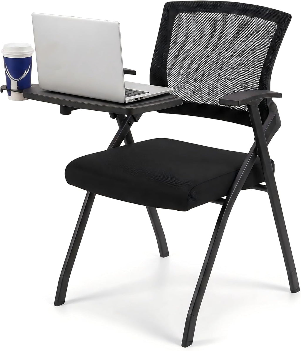 12 Pk, Folding Training Chairs with Desk Attached, Mobile Office Meeting Chair with Writing Tablet and Cup Holder, Space-Saving Nesting Conference Chair for Classroom, Seminar