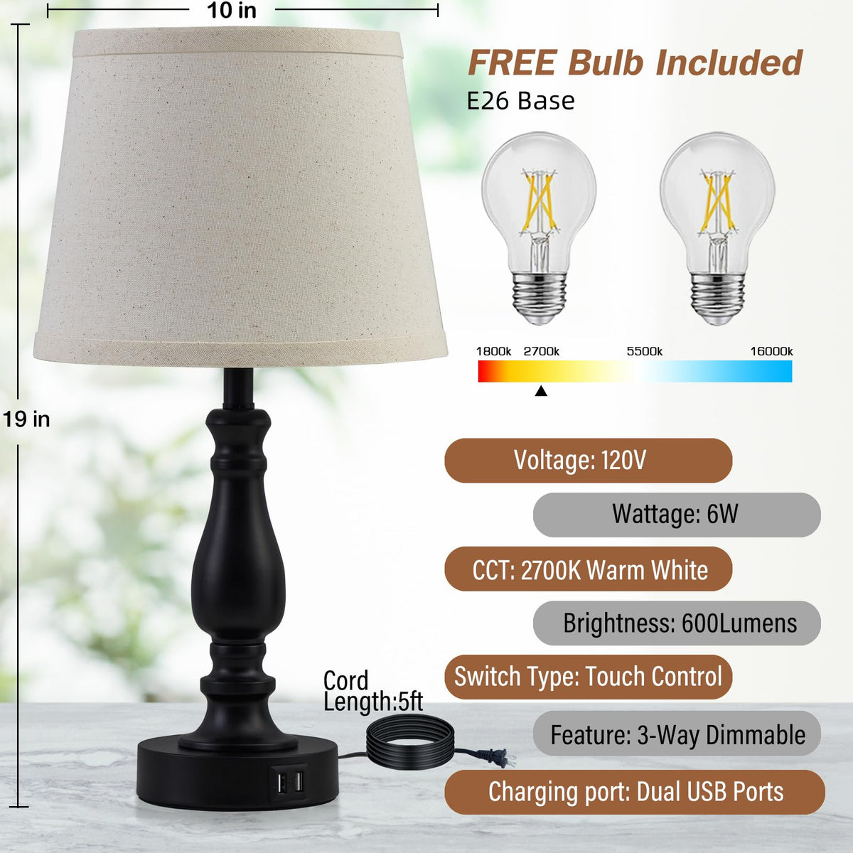 Lamps for Bedroom Set of 2,Touch Bedside Table Lamp with USB C+A Ports,Dimmable Nightstand Lamps with Round Fabric Linen Lampshade for Living Room Reading Bed Side End Table,Bulbs Included