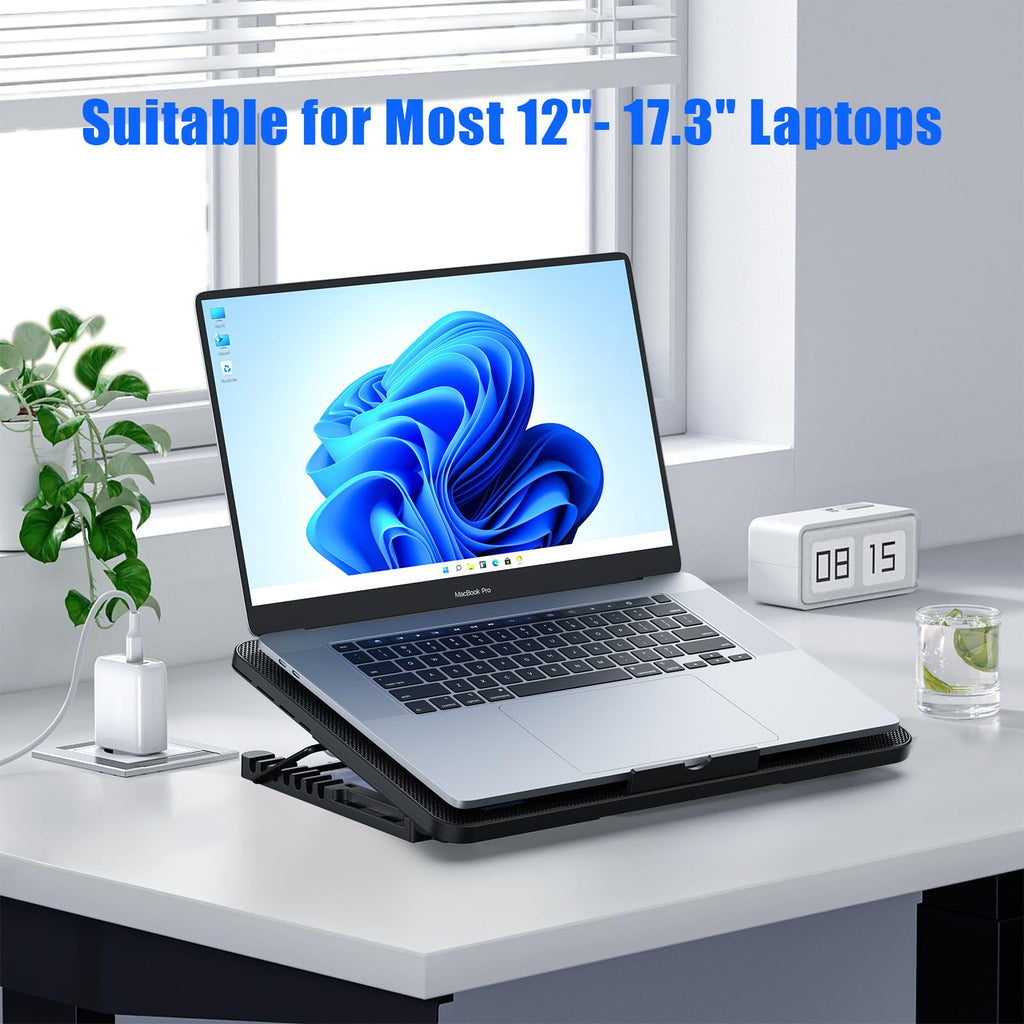 Laptop Cooling Pad, Laptop Cooler with 8 Quiet Fans for 12-17 Inch Gaming Laptop Fan Cooling Pad Stable Stand 7 Height & Wind Speed Adjustable, 2 USB Port & Phone Holder