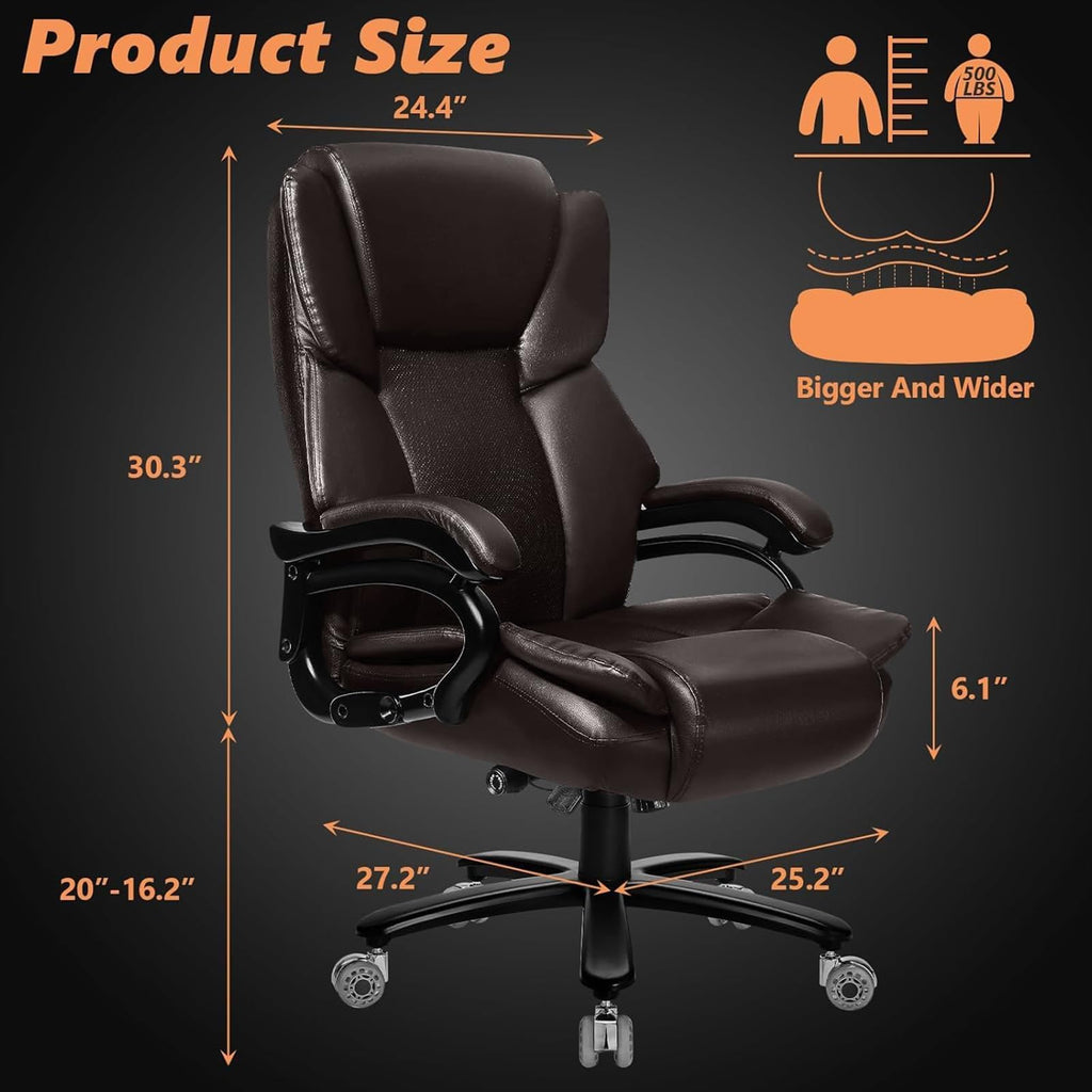 500lbs Big and Tall Office Chair with Dual Rubber Wheel and Pocket Spring Cushion, Comfy Heavy Duty Office Chair for Low Back Pain Relief, Large Executive Desk Chair with Adjustable Lumbar Support