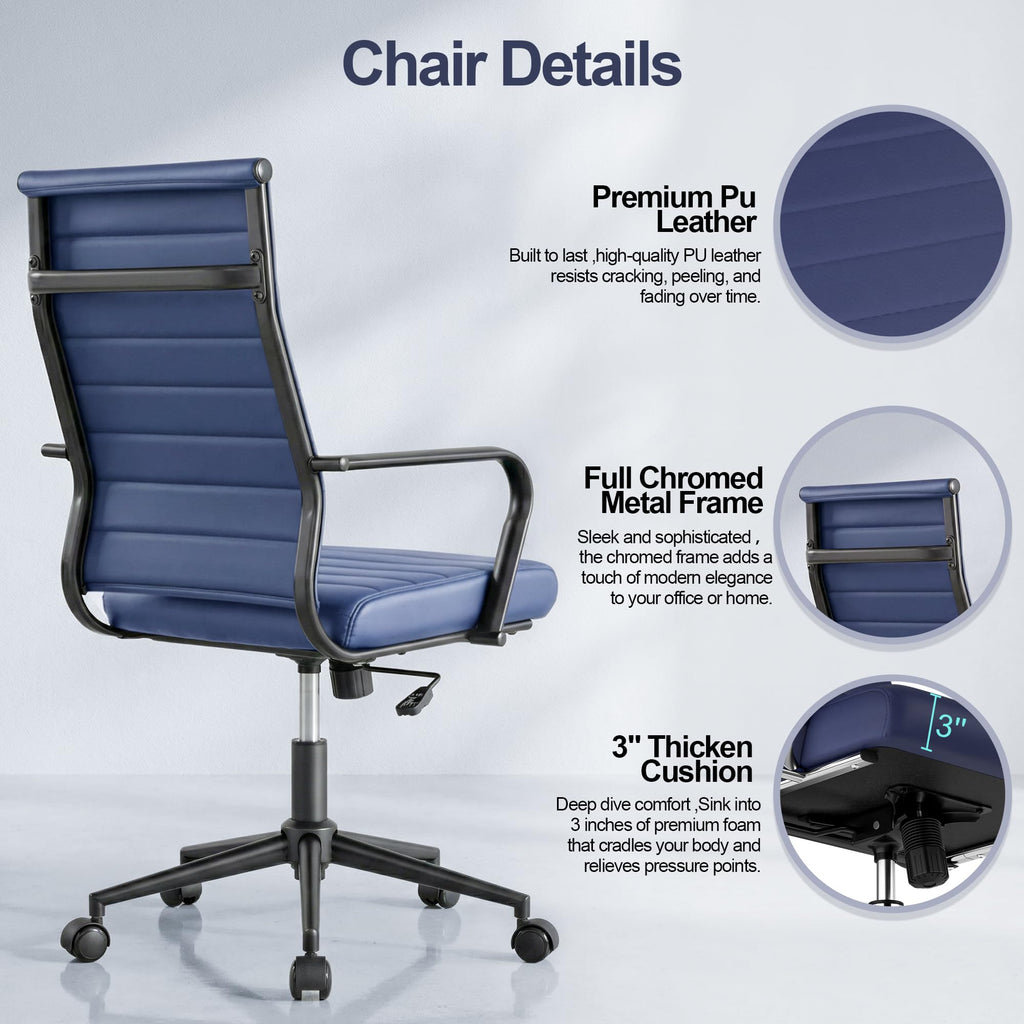 Blue Leather Office Desk Chair, Conference Room Chairs Executive Chair Ribbed, Ergonomic Height Adjustable Swivel Rolling Chair for Home Office.