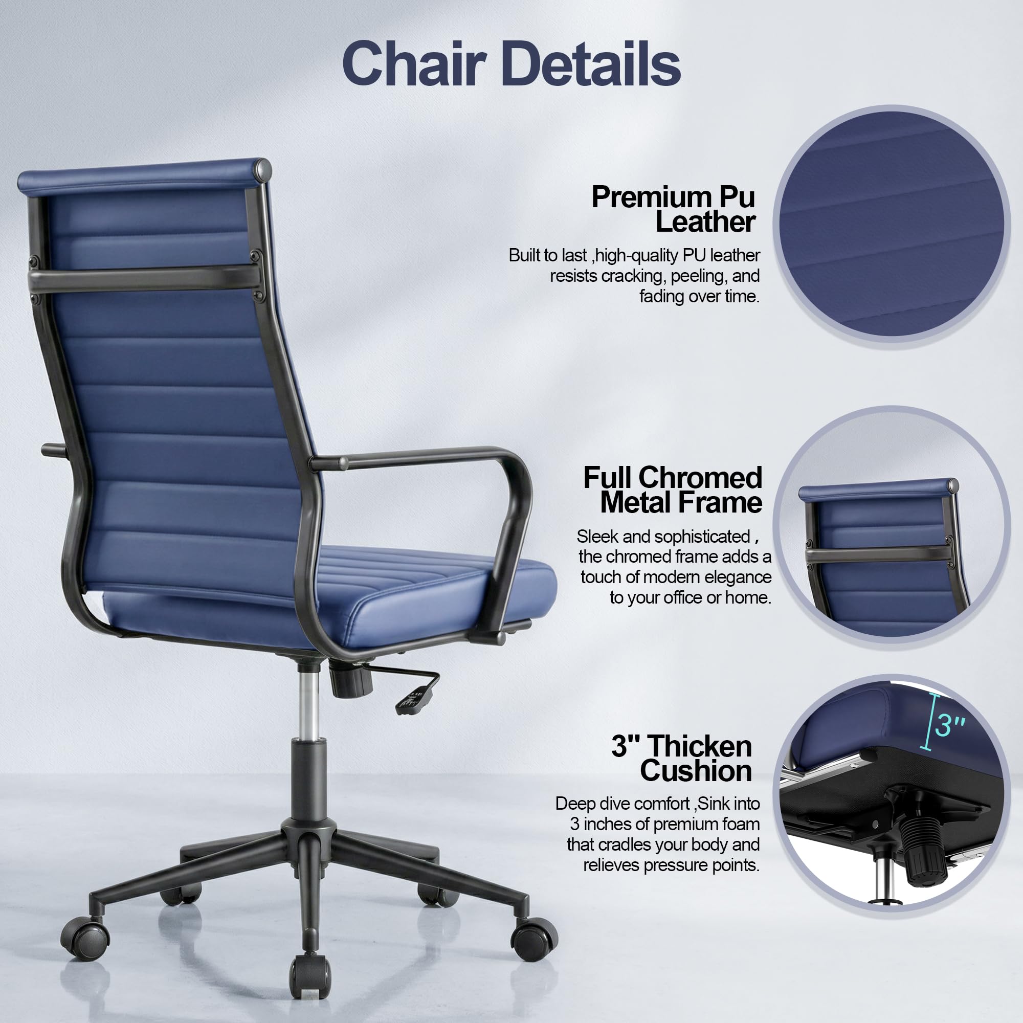 Blue Leather Office Desk Chair, Conference Room Chairs Executive Chair Ribbed, Ergonomic Height Adjustable Swivel Rolling Chair for Home Office.