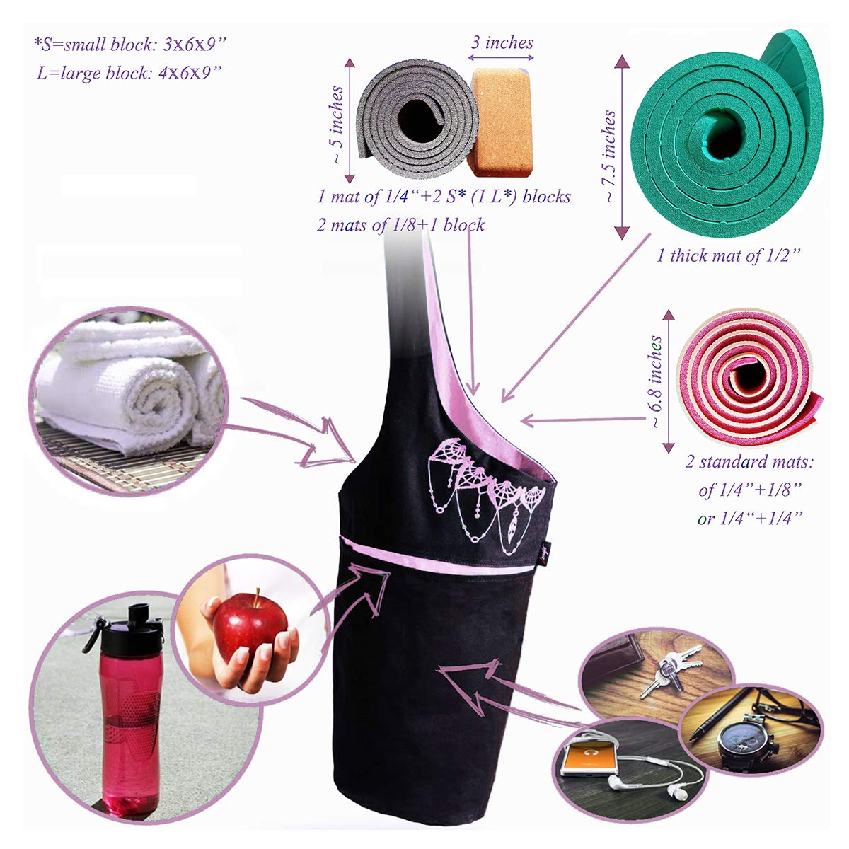 Yoga Mat Bag & Carrier with Pockets for Women, Black & Pink