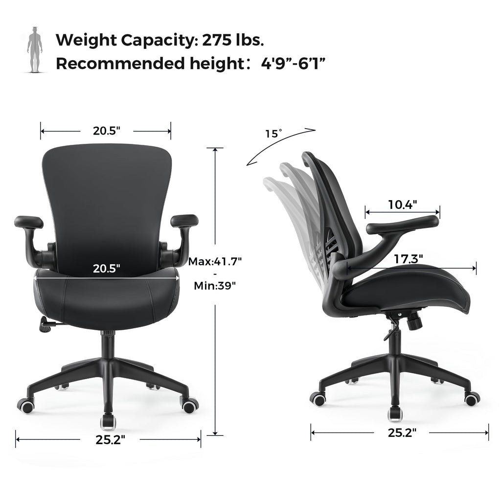 Executive Office Chair, Thick Padded PU Leather Desk Chair with Adjustable Lumbar Support and 3D Armrests, Easy-Clean for Home Office and Study Room(Pack of 1, Black)