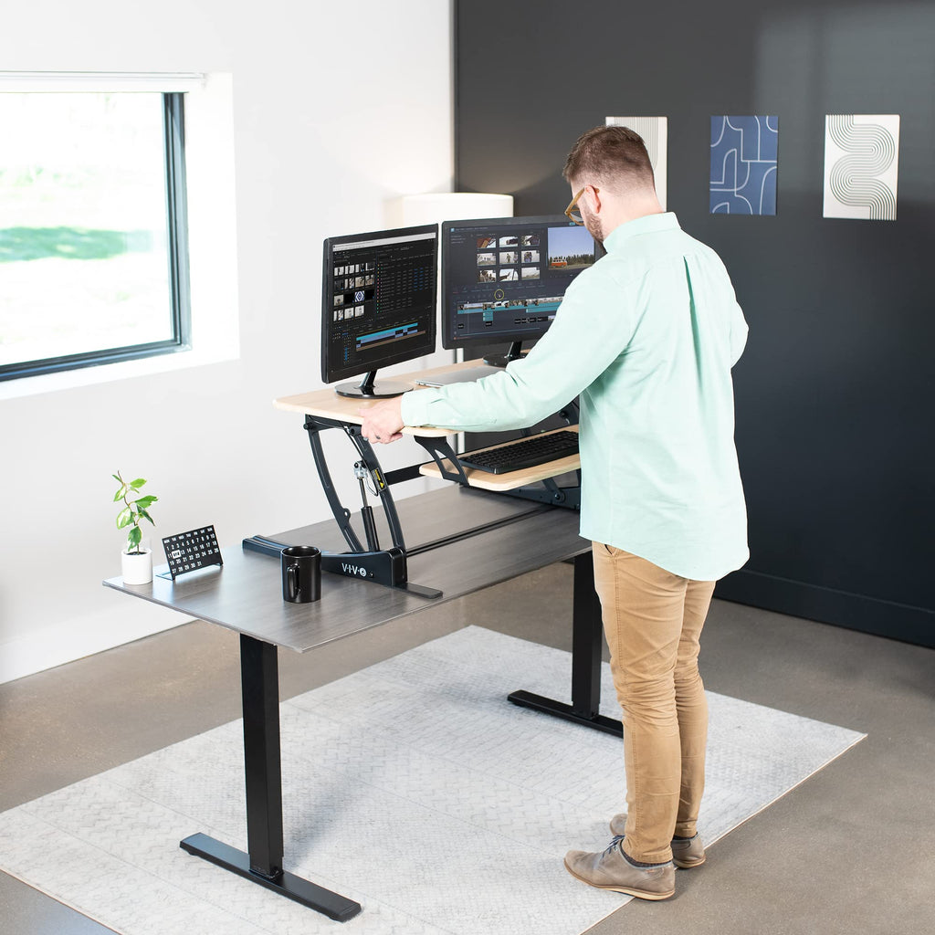 42 inch Height Adjustable Stand Up Desk Converter, V Series, Quick Sit to Stand Tabletop Dual Monitor Riser Workstation, Light Wood Top, Black Frame, DESK-V000VLO