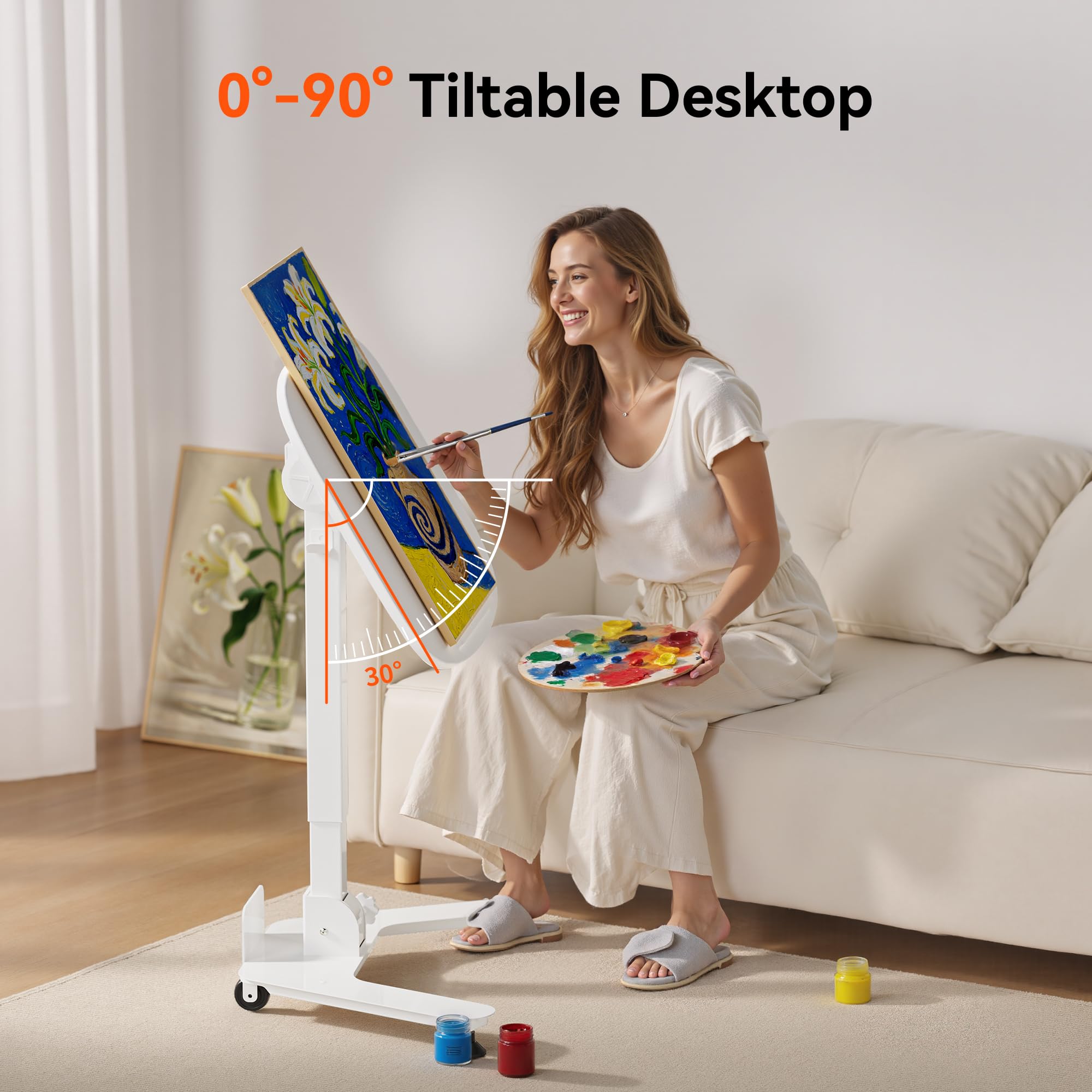 Foldable Pneumatic Height Adjustable Mobile Standing Desk with 90° Tiltable Tabletop, 27.2x18.9 Inch Portable Laptop Desk with Wheels, Holds Up to 66.1lbs for Home Office, Study, White