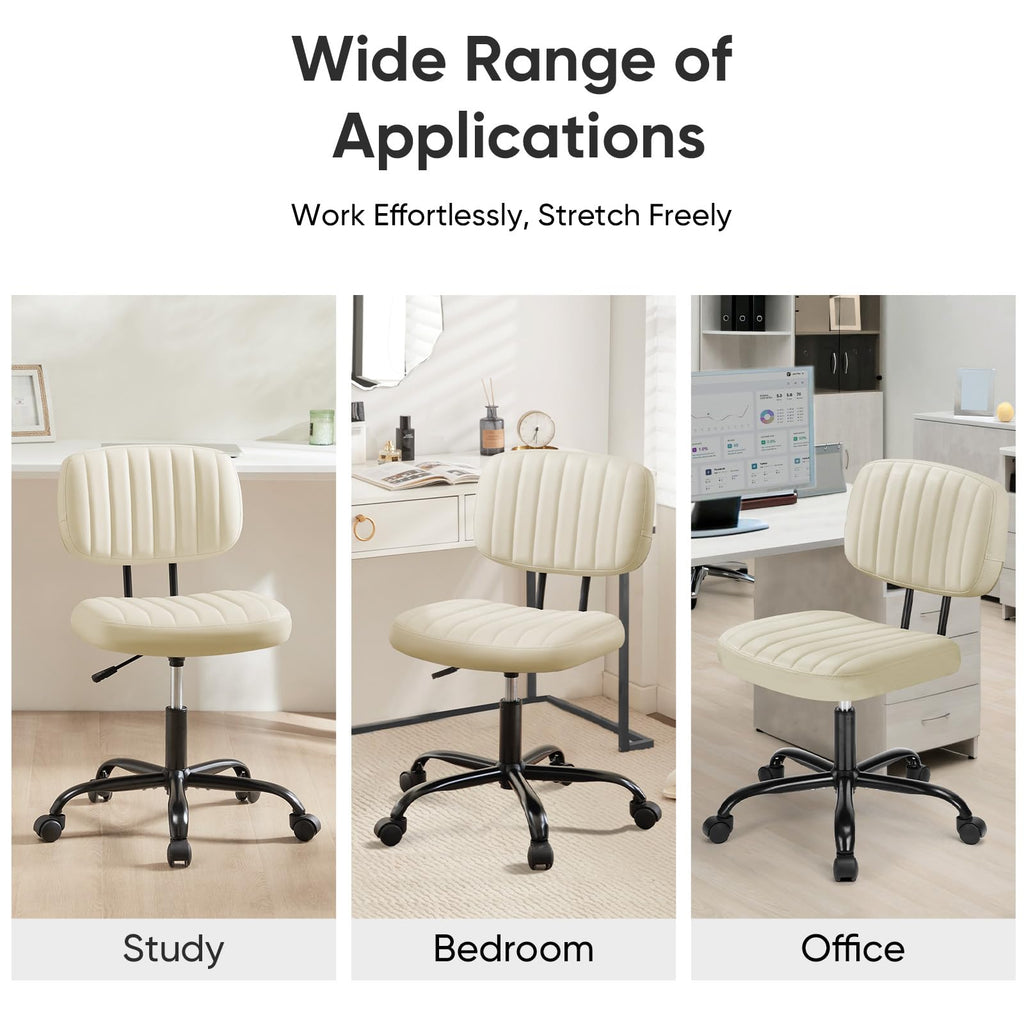 Armless Office Chair: Small Desk Chair with Low Back Lumbar Support, Height Adjustable PU Leather Computer Task with 360° Swivel Wheels, for Adults, Beige