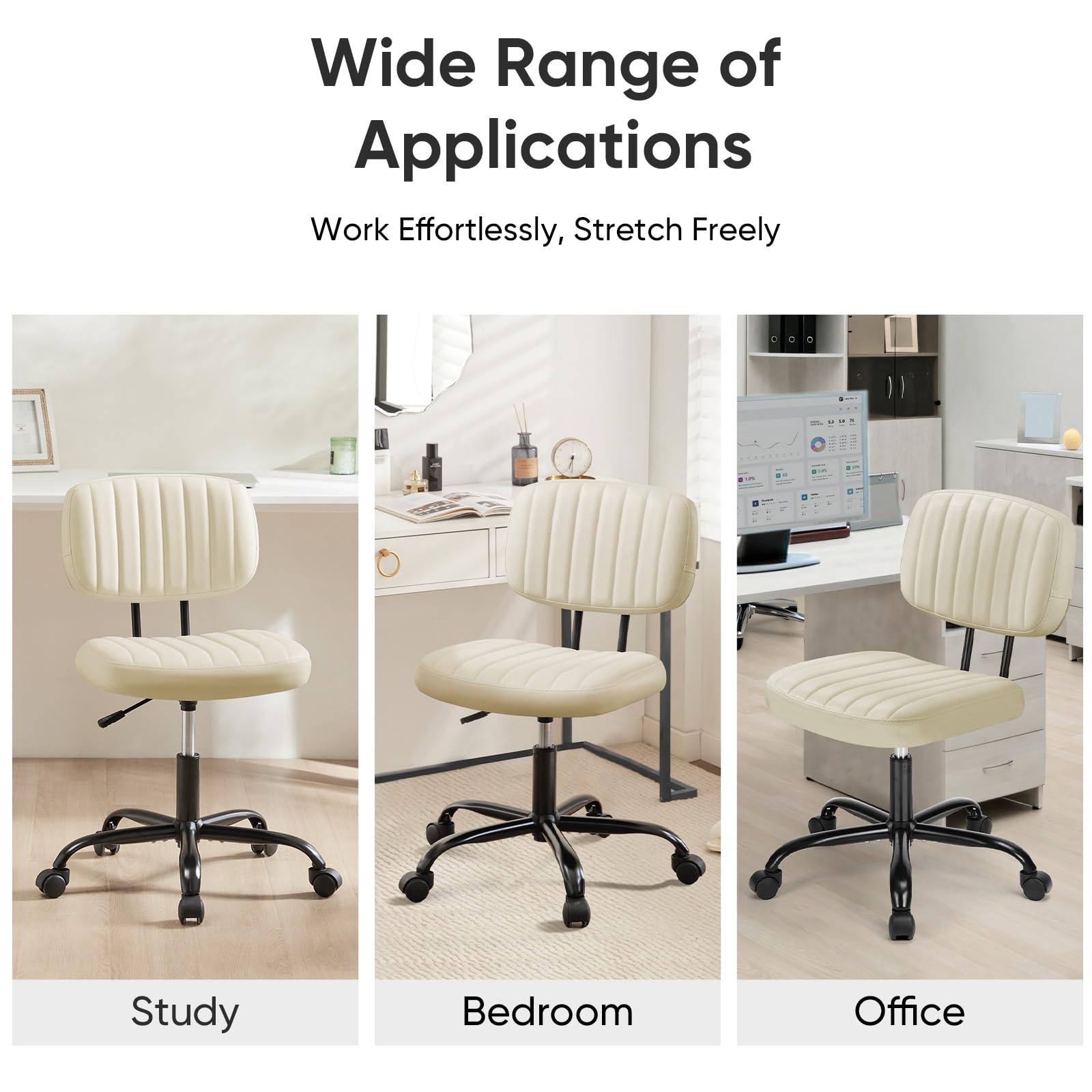 Armless Office Chair: Small Desk Chair with Low Back Lumbar Support, Height Adjustable PU Leather Computer Task with 360° Swivel Wheels, for Adults, Beige